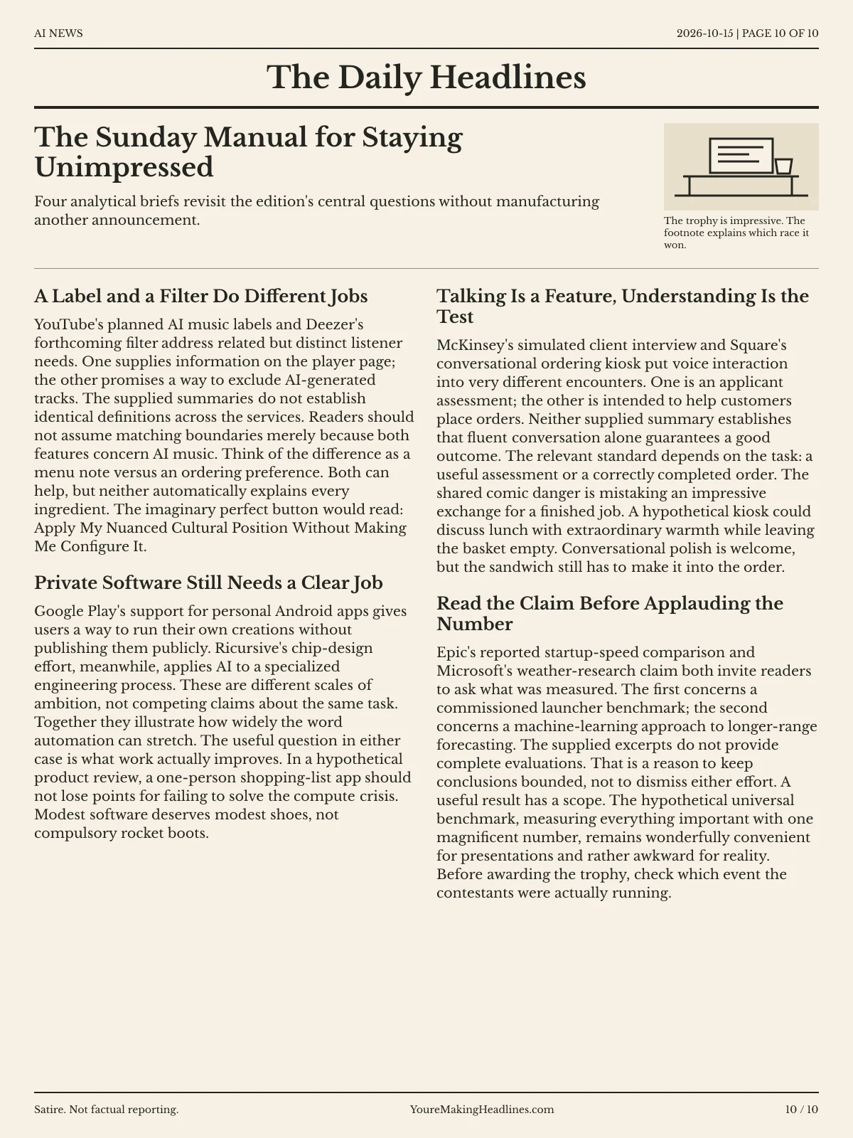 AI News newspaper, page 10: The Sunday Manual for Staying Unimpressed