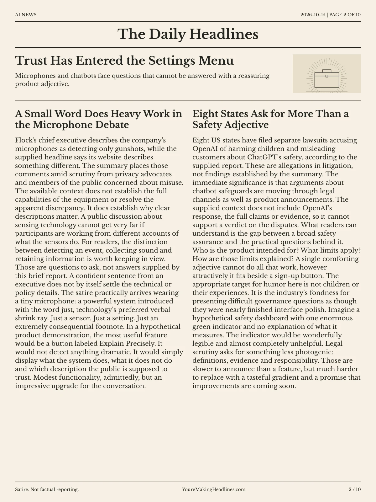 AI News newspaper, page 2: Trust Has Entered the Settings Menu