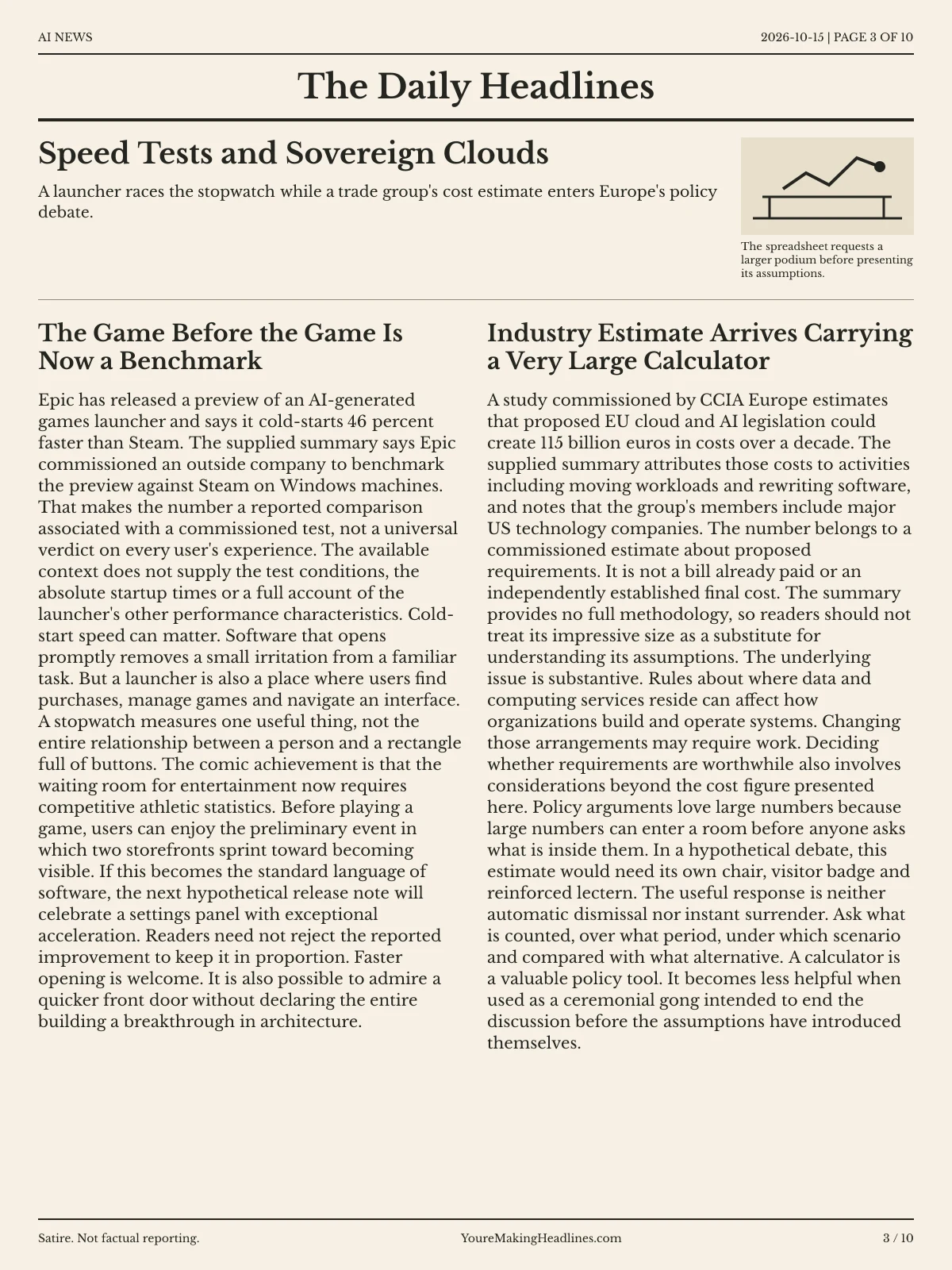 AI News newspaper, page 3: Speed Tests and Sovereign Clouds