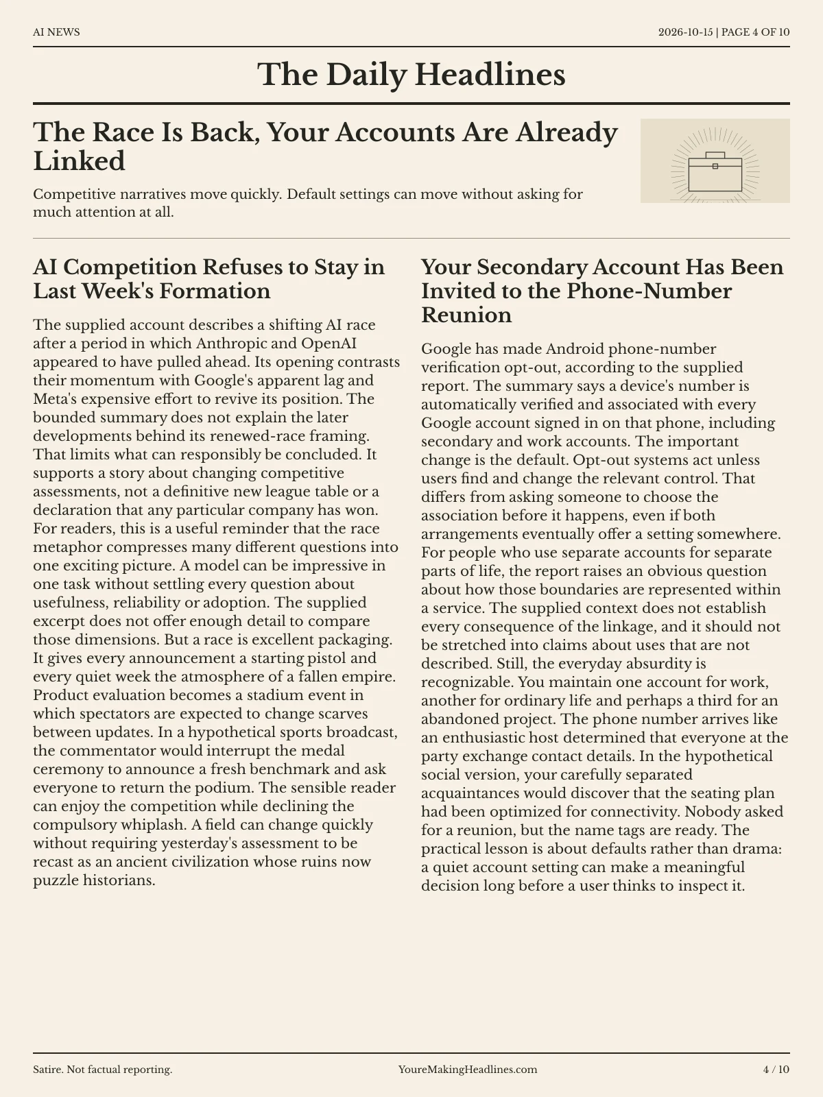 AI News newspaper, page 4: The Race Is Back, Your Accounts Are Already Linked