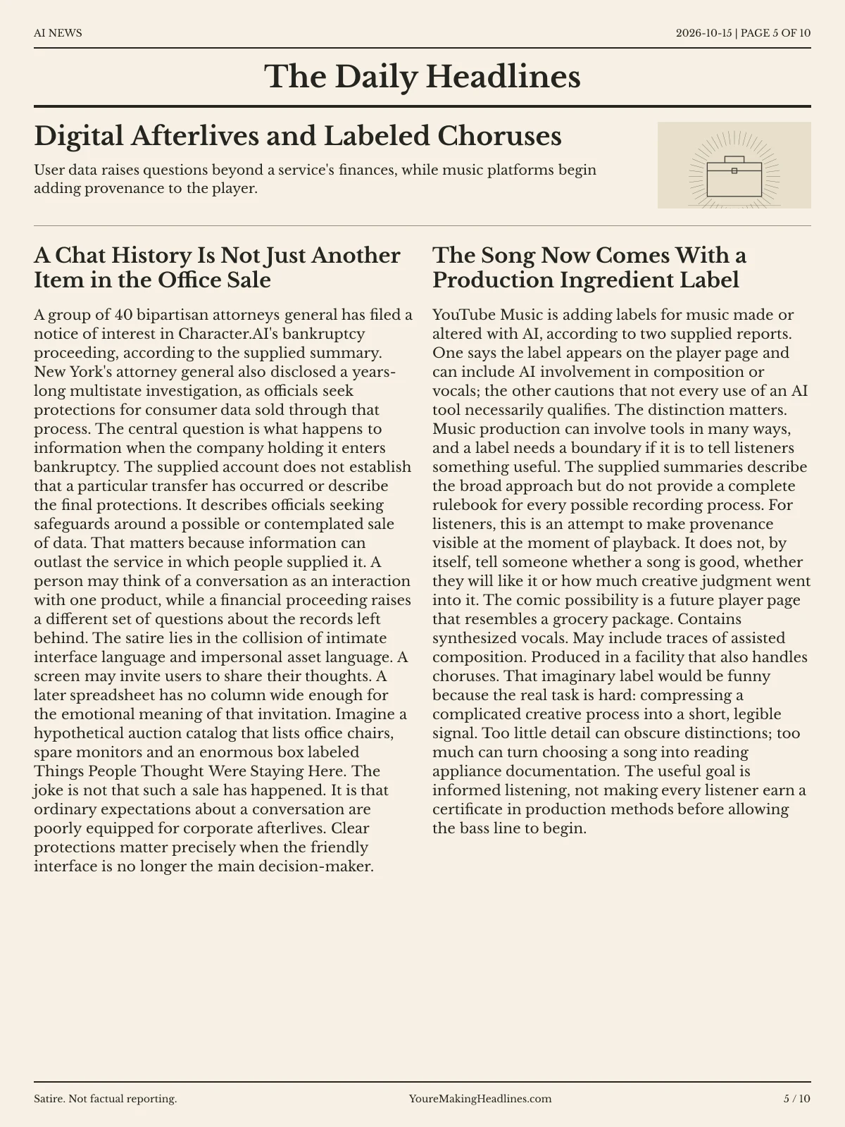 AI News newspaper, page 5: Digital Afterlives and Labeled Choruses