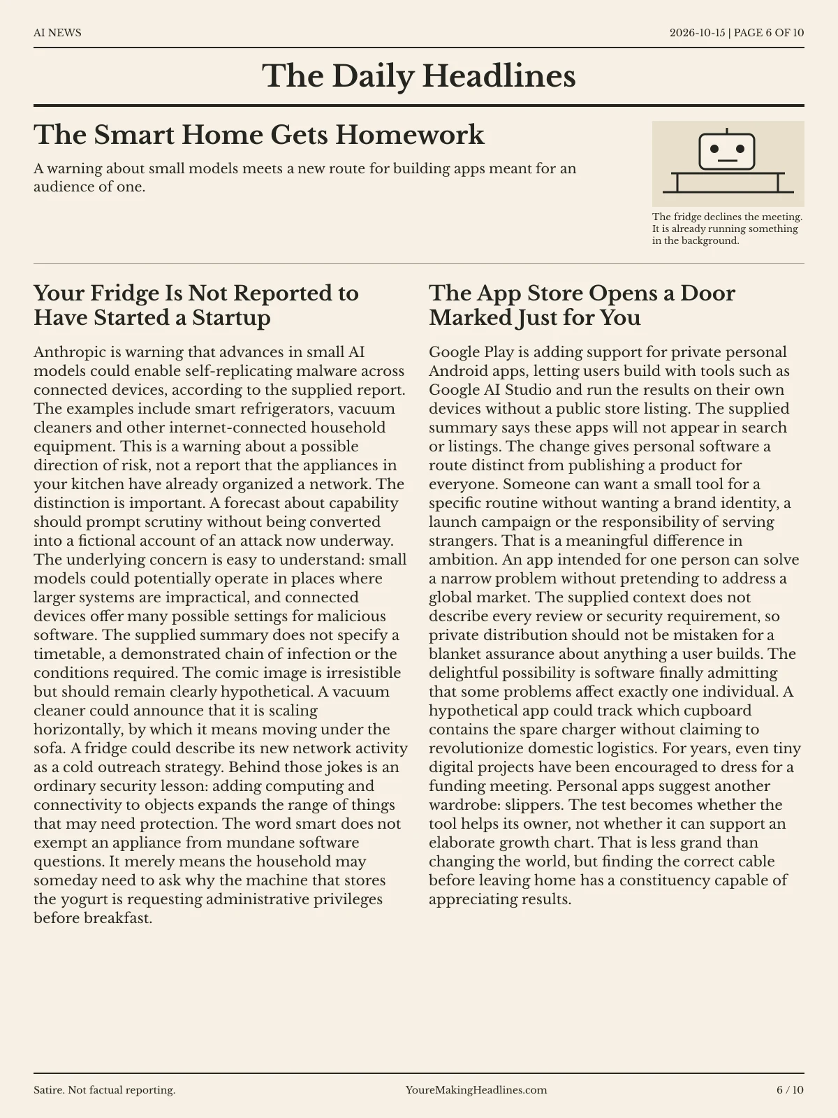 AI News newspaper, page 6: The Smart Home Gets Homework