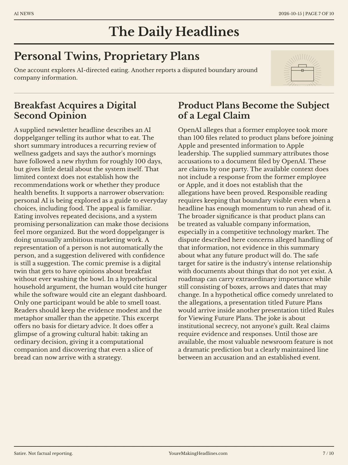 AI News newspaper, page 7: Personal Twins, Proprietary Plans
