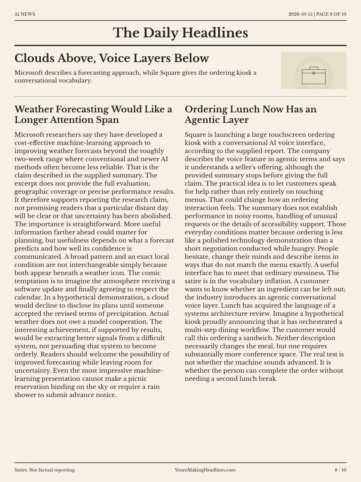 AI News newspaper, page 8: Clouds Above, Voice Layers Below