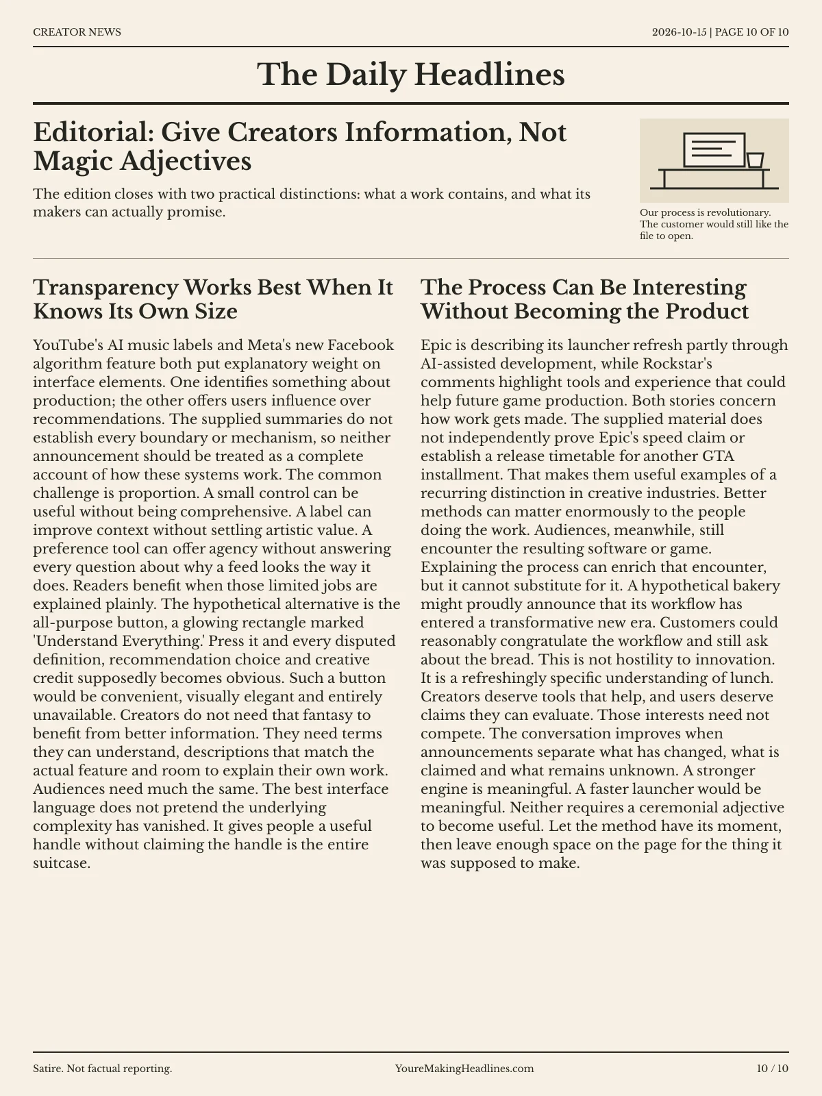 Creator News newspaper, page 10: Editorial: Give Creators Information, Not Magic Adjectives