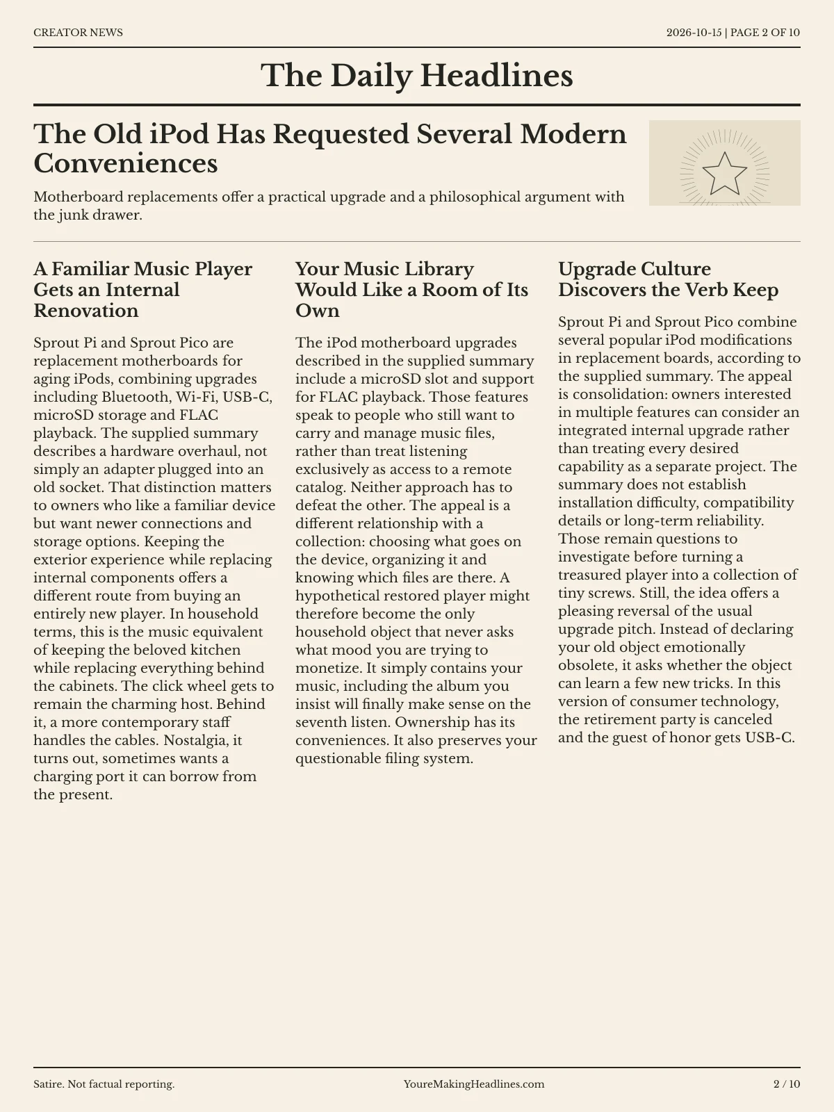 Creator News newspaper, page 2: The Old iPod Has Requested Several Modern Conveniences