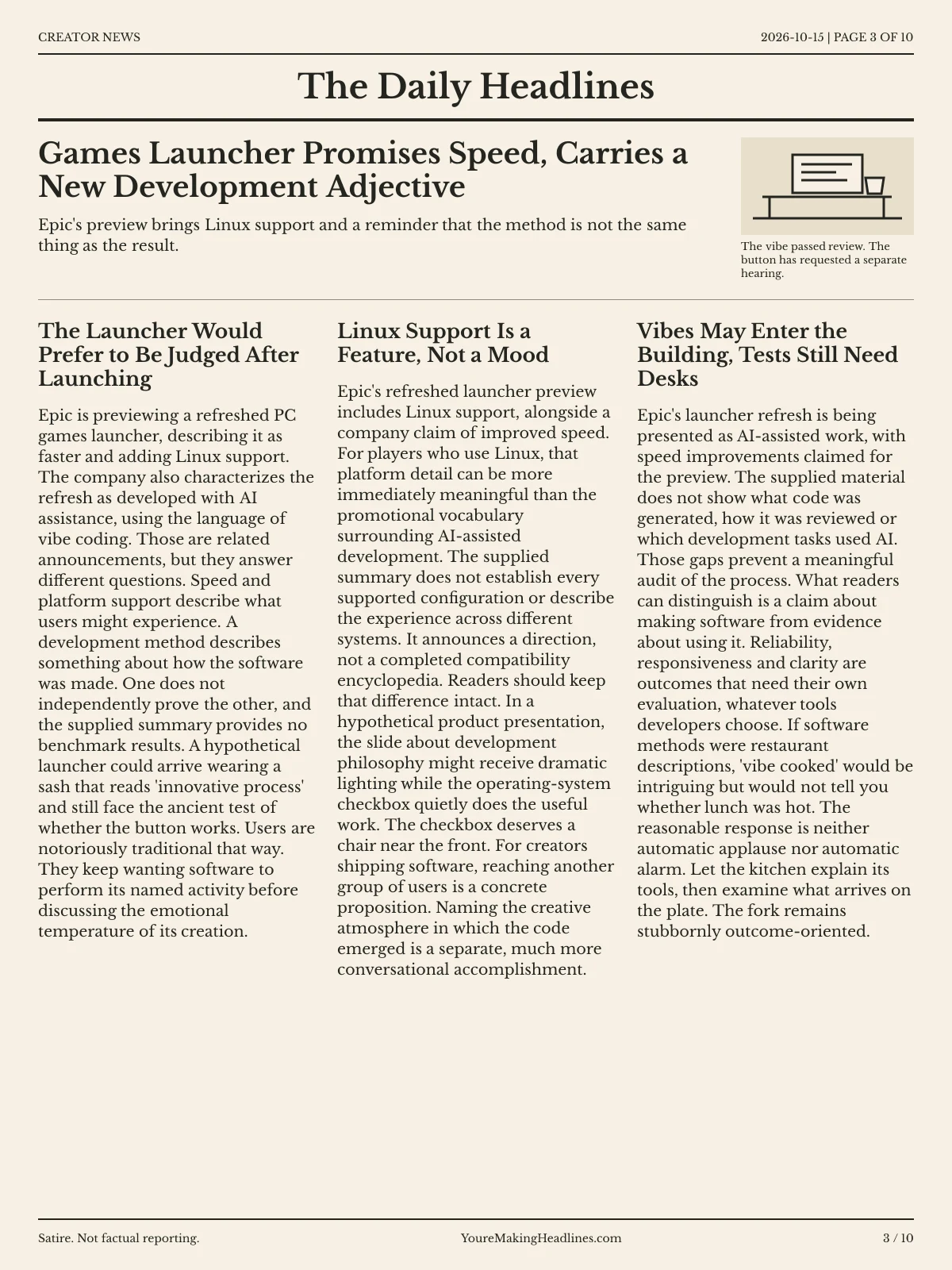 Creator News newspaper, page 3: Games Launcher Promises Speed, Carries a New Development Adjective