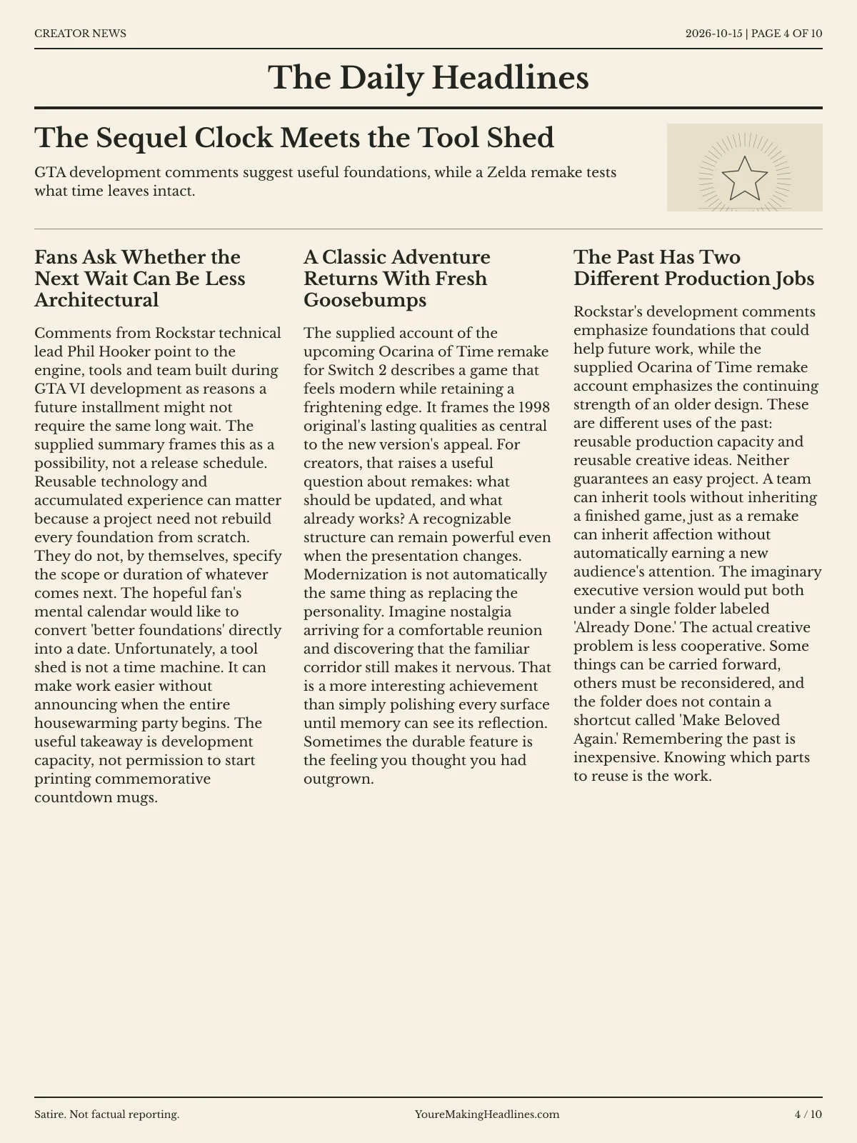 Creator News newspaper, page 4: The Sequel Clock Meets the Tool Shed