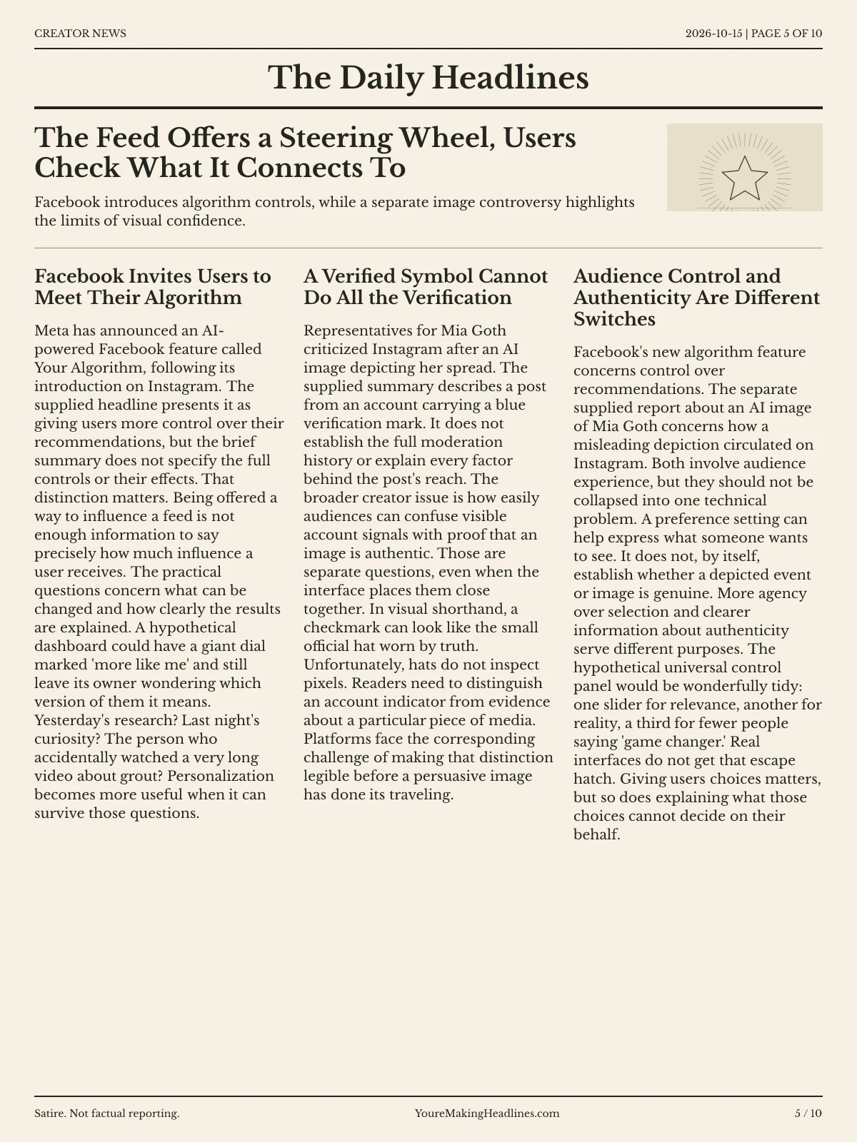 Creator News newspaper, page 5: The Feed Offers a Steering Wheel, Users Check What It Connects To