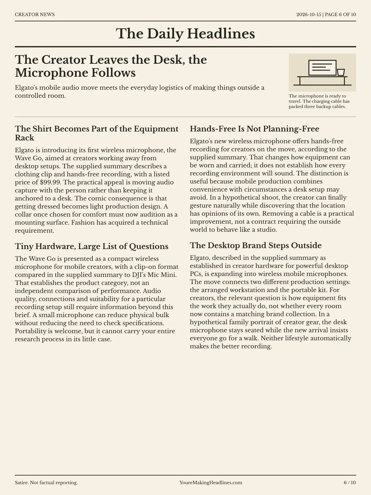 Creator News newspaper, page 6: The Creator Leaves the Desk, the Microphone Follows