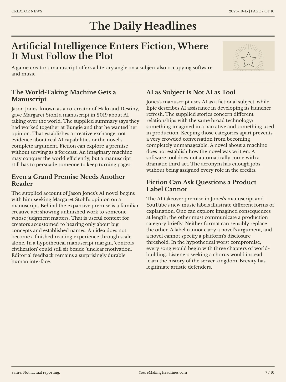 Creator News newspaper, page 7: Artificial Intelligence Enters Fiction, Where It Must Follow the Plot