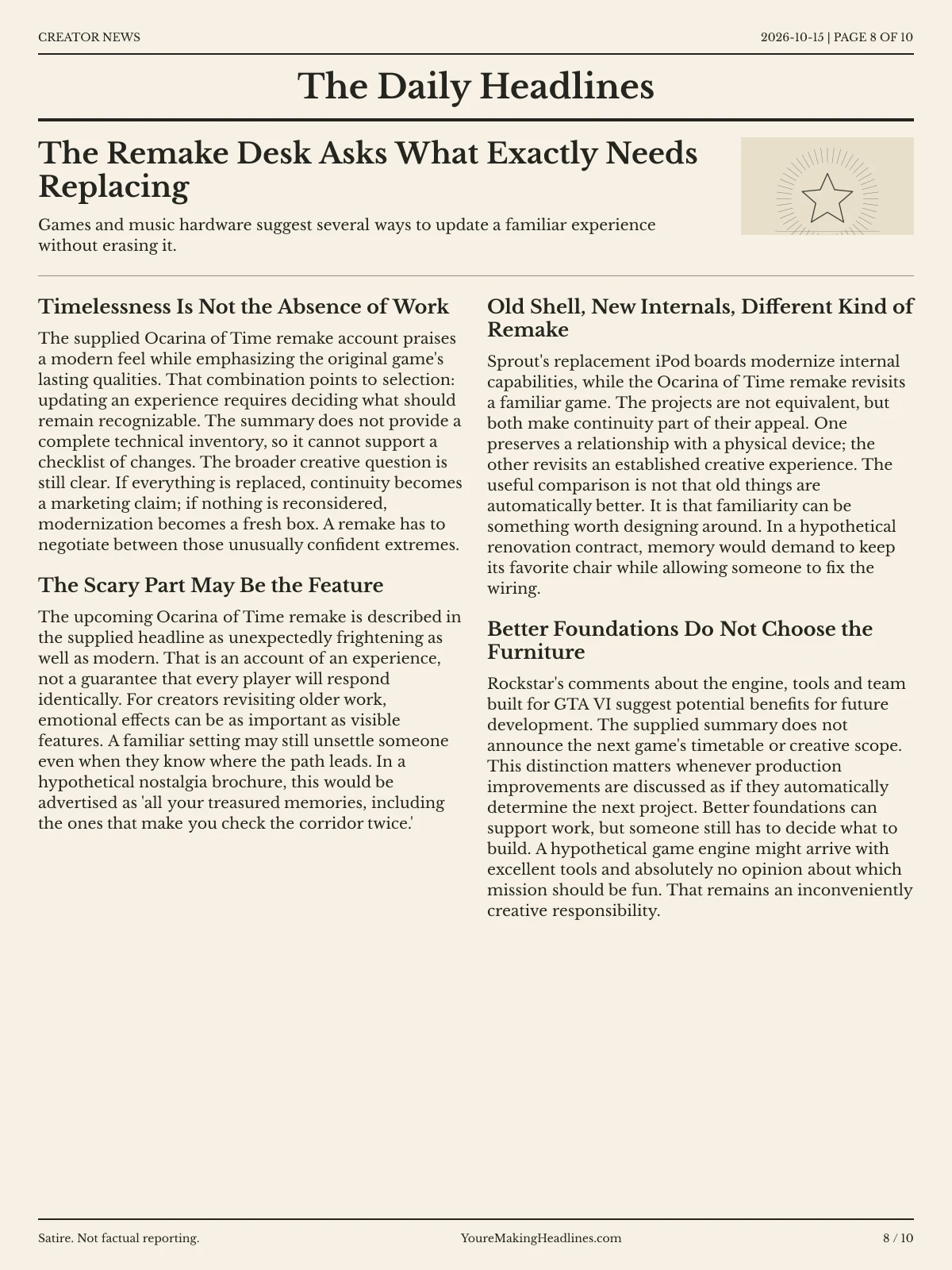 Creator News newspaper, page 8: The Remake Desk Asks What Exactly Needs Replacing