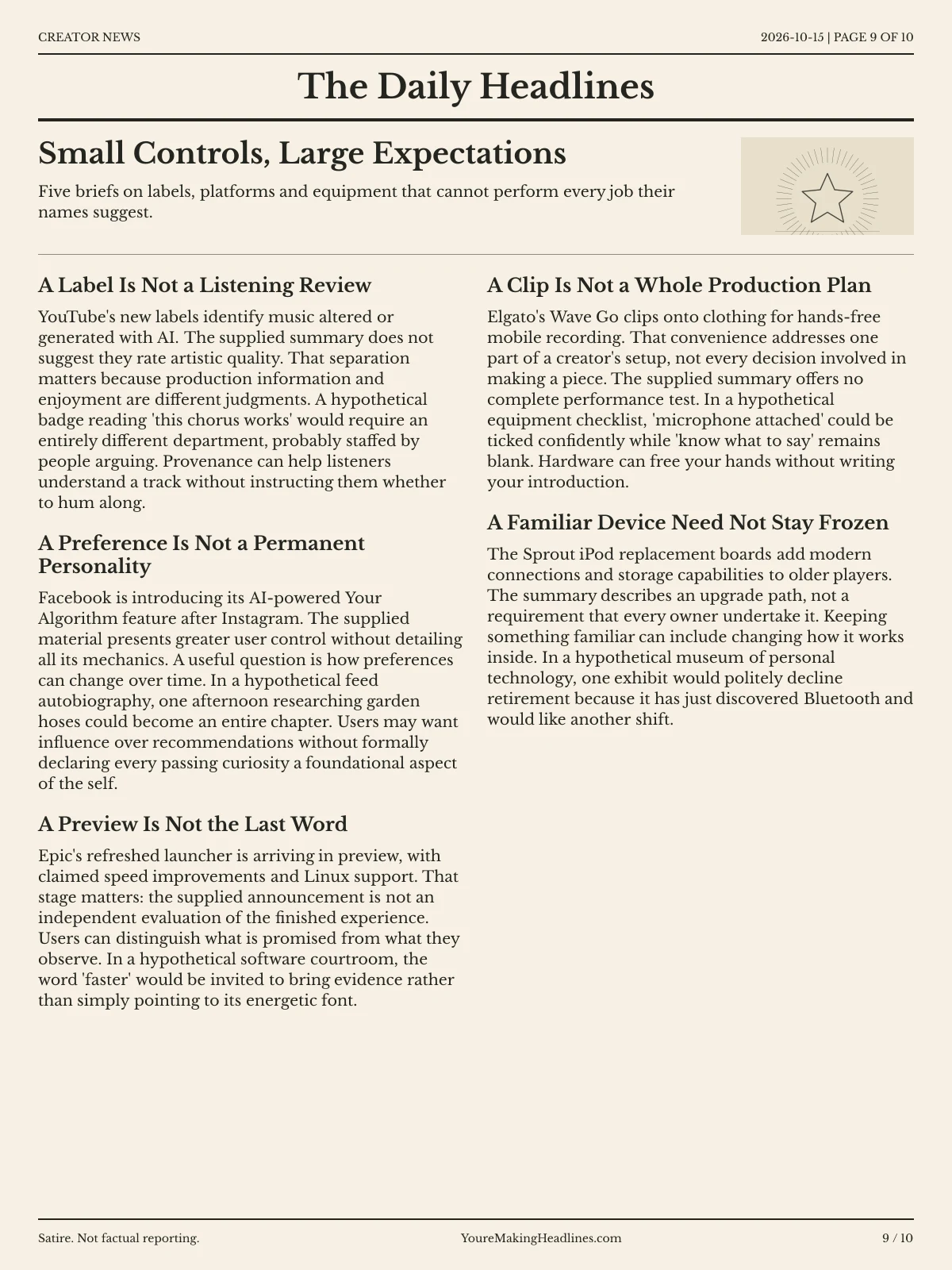 Creator News newspaper, page 9: Small Controls, Large Expectations