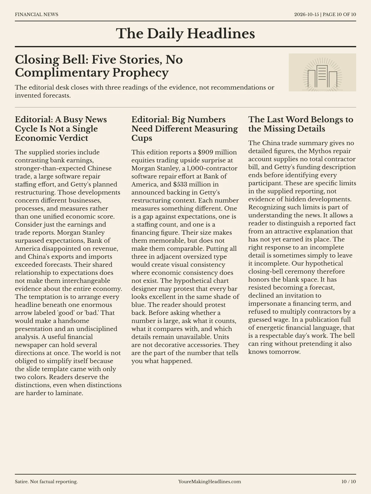 Financial News newspaper, page 10: Closing Bell: Five Stories, No Complimentary Prophecy