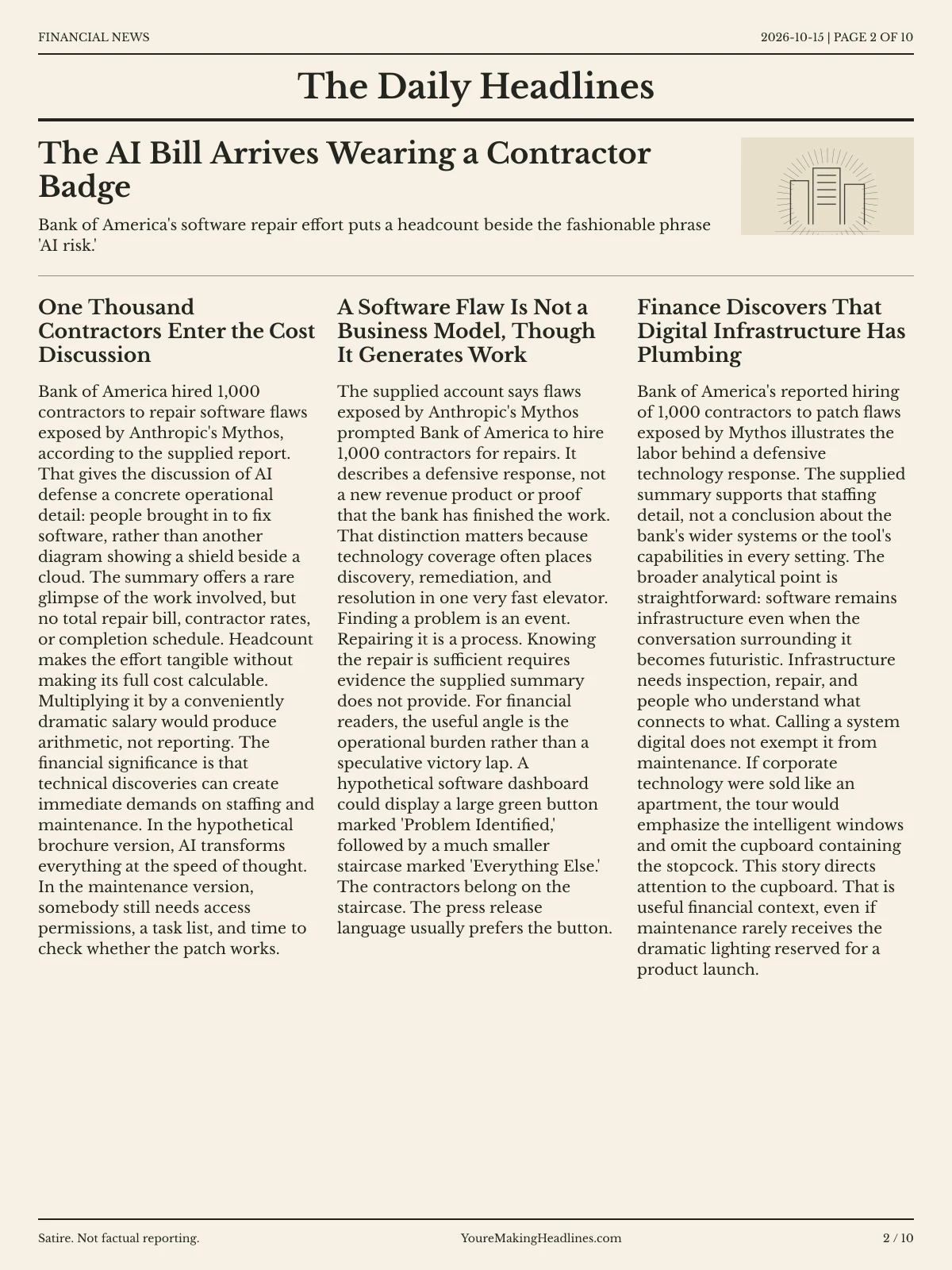 Financial News newspaper, page 2: The AI Bill Arrives Wearing a Contractor Badge