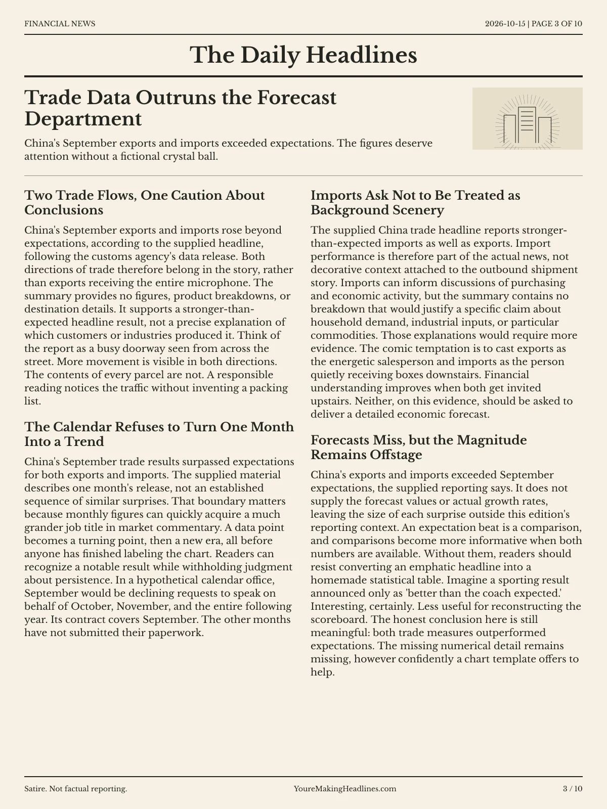 Financial News newspaper, page 3: Trade Data Outruns the Forecast Department