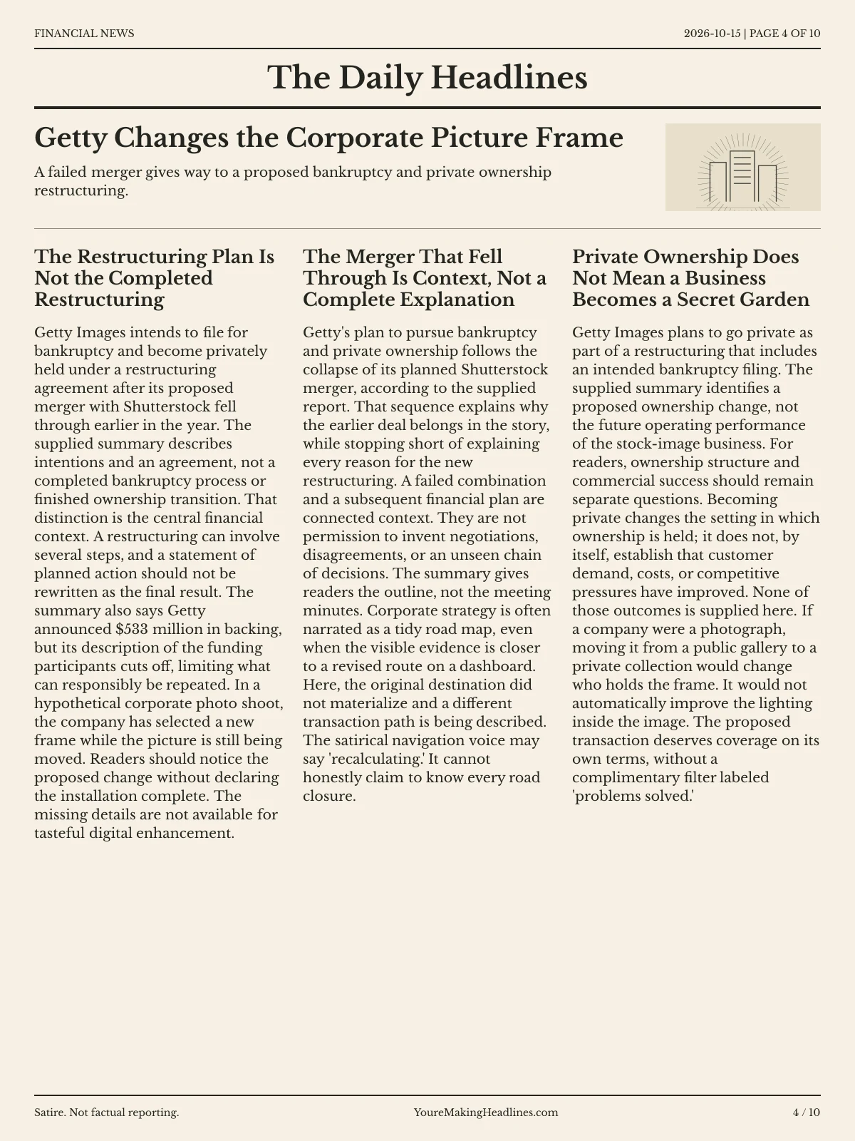 Financial News newspaper, page 4: Getty Changes the Corporate Picture Frame