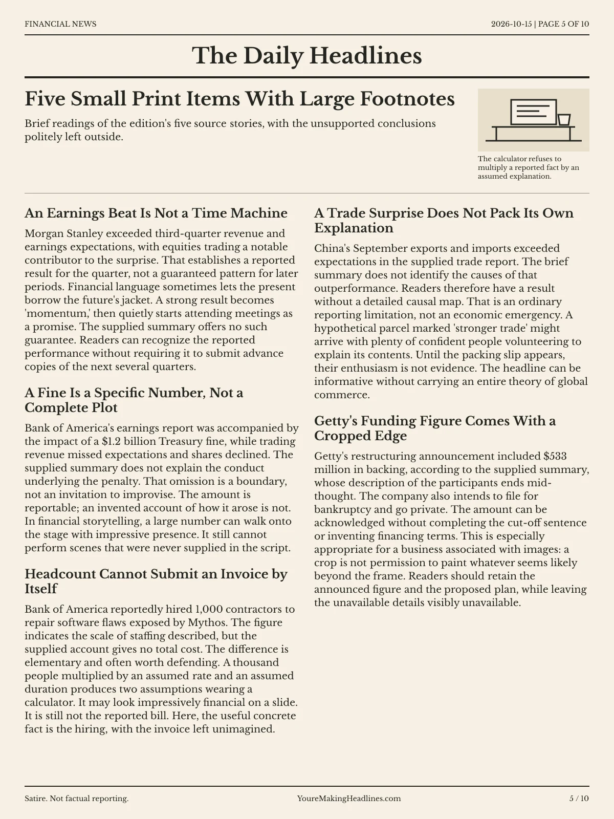 Financial News newspaper, page 5: Five Small Print Items With Large Footnotes