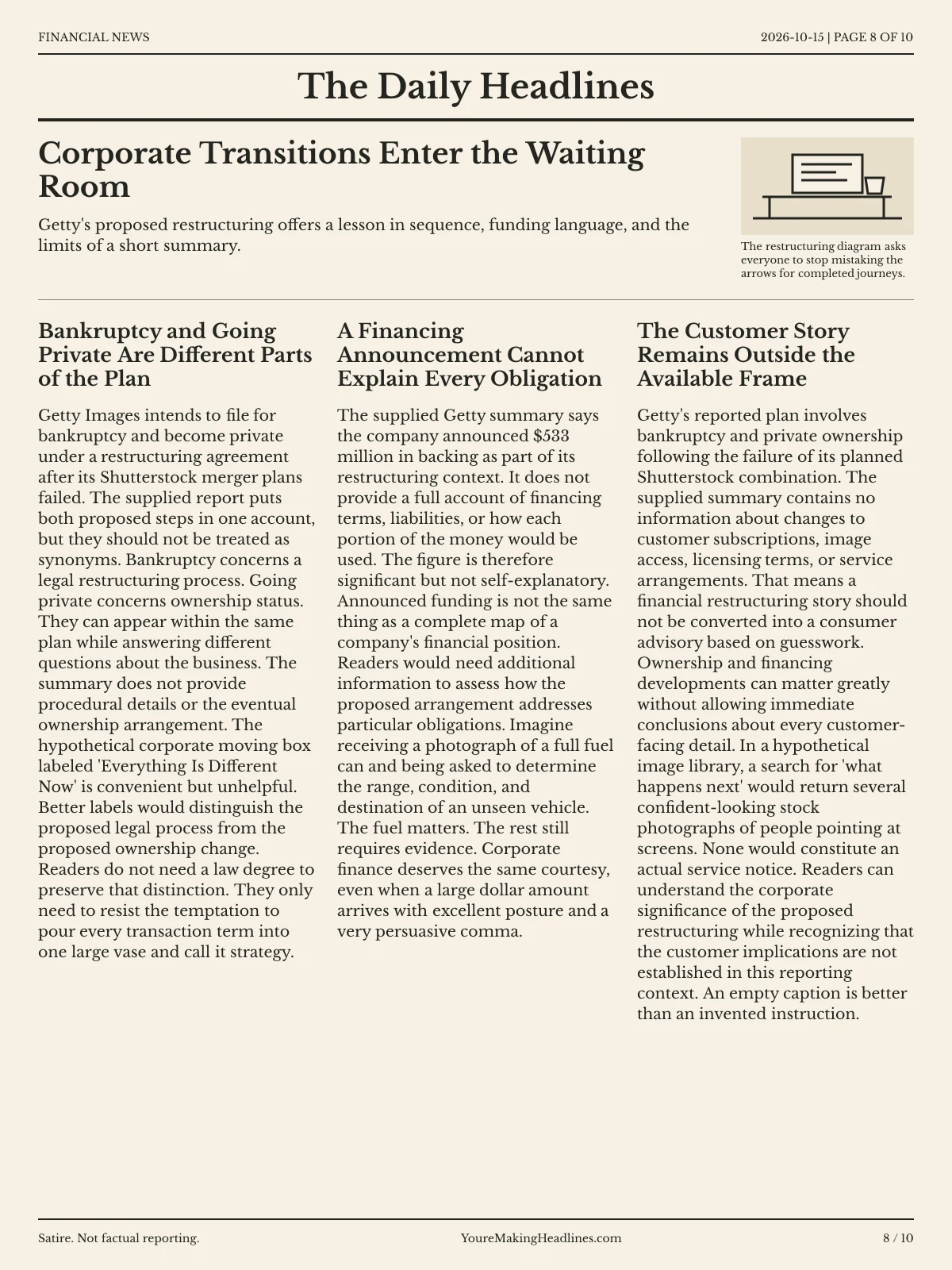 Financial News newspaper, page 8: Corporate Transitions Enter the Waiting Room
