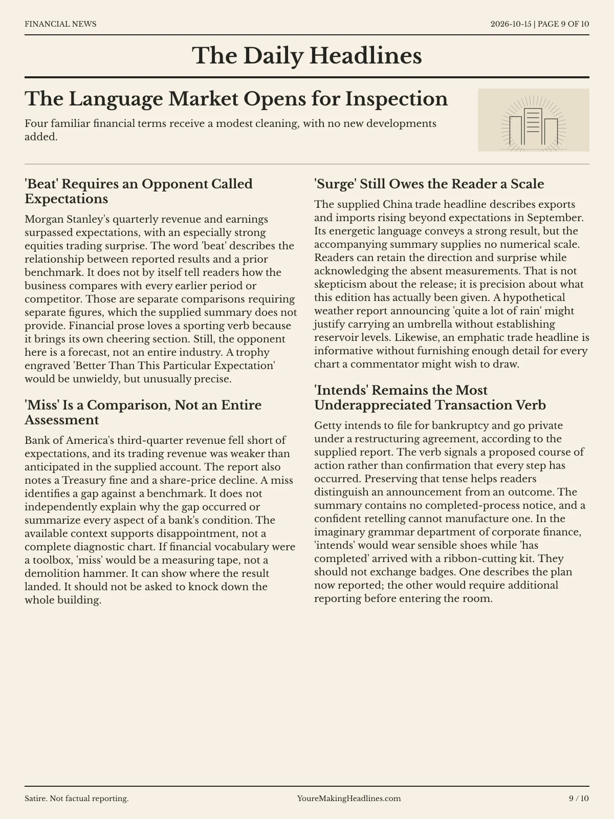 Financial News newspaper, page 9: The Language Market Opens for Inspection