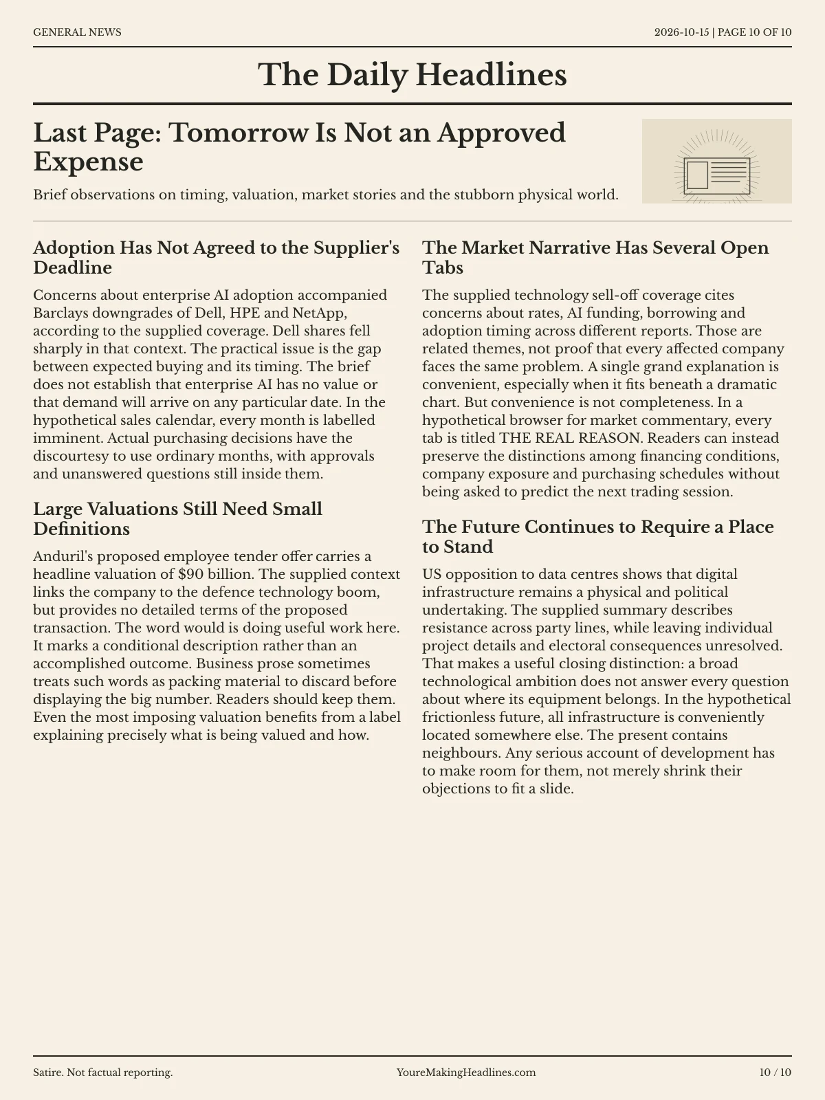 General News newspaper, page 10: Last Page: Tomorrow Is Not an Approved Expense