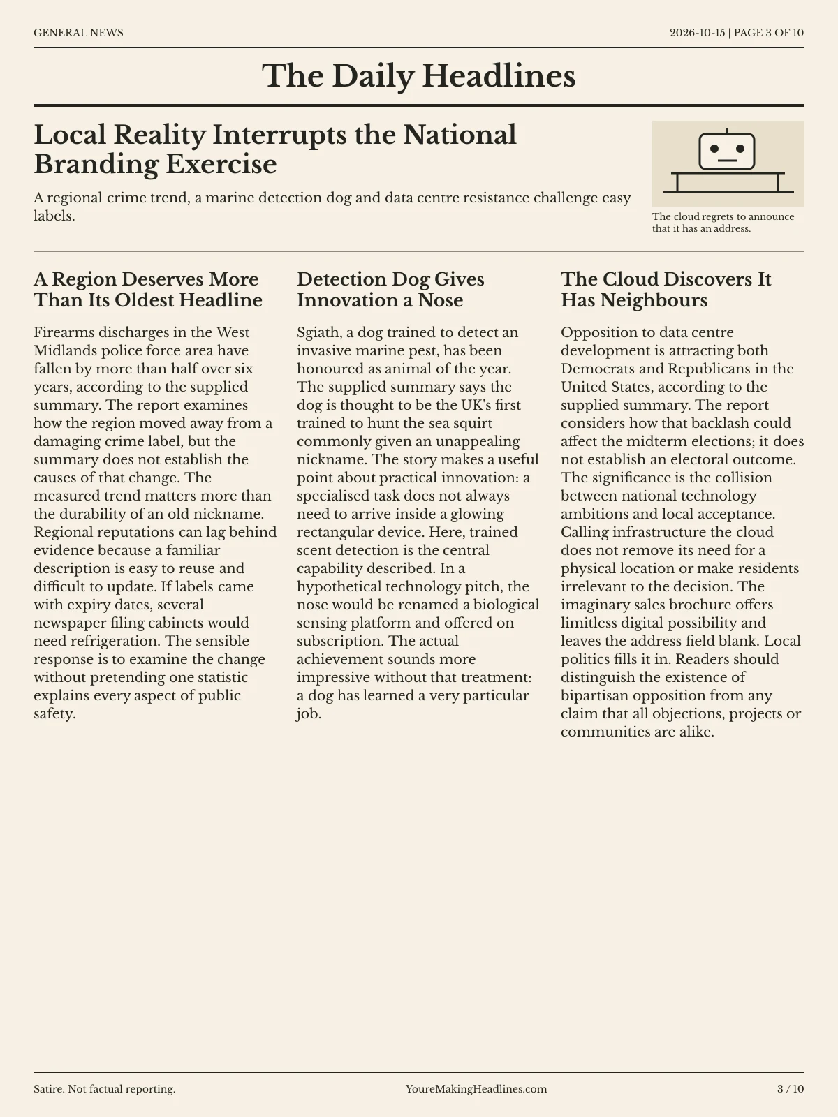 General News newspaper, page 3: Local Reality Interrupts the National Branding Exercise