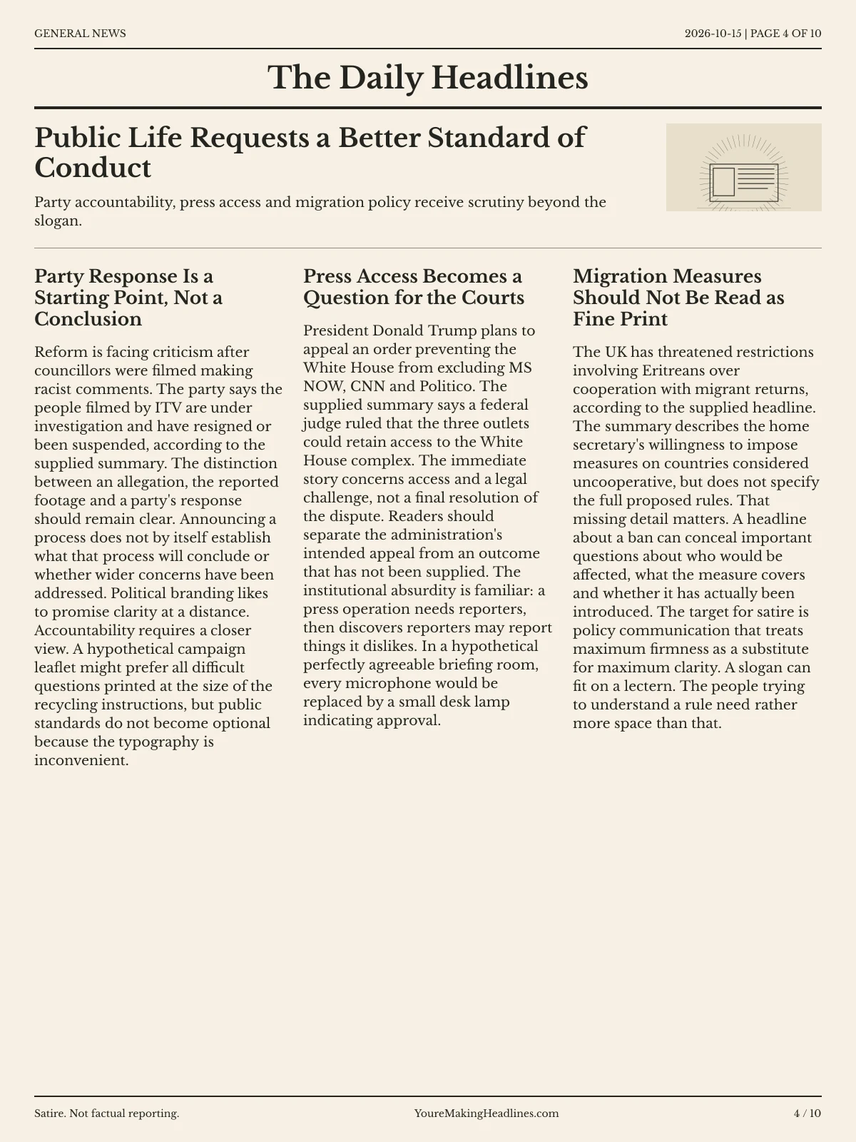 General News newspaper, page 4: Public Life Requests a Better Standard of Conduct