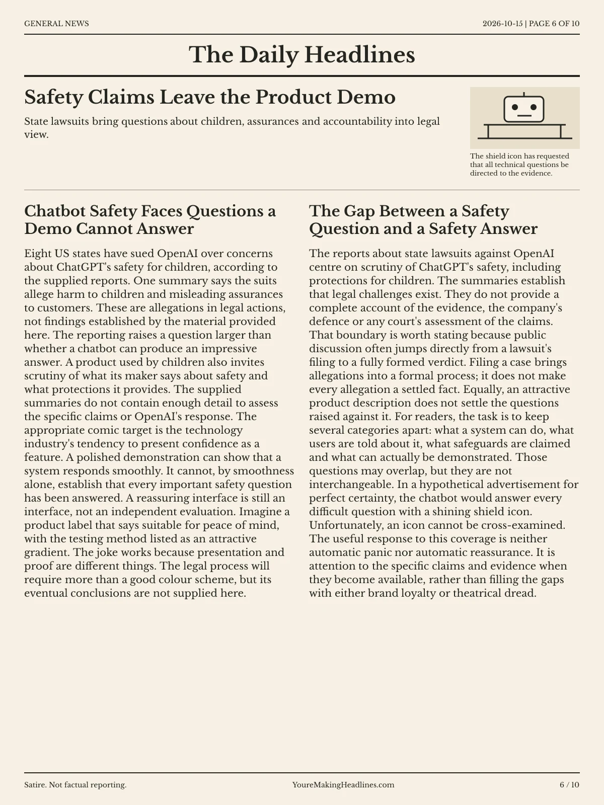 General News newspaper, page 6: Safety Claims Leave the Product Demo