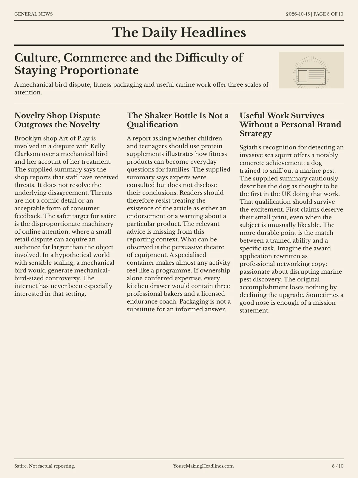 General News newspaper, page 8: Culture, Commerce and the Difficulty of Staying Proportionate