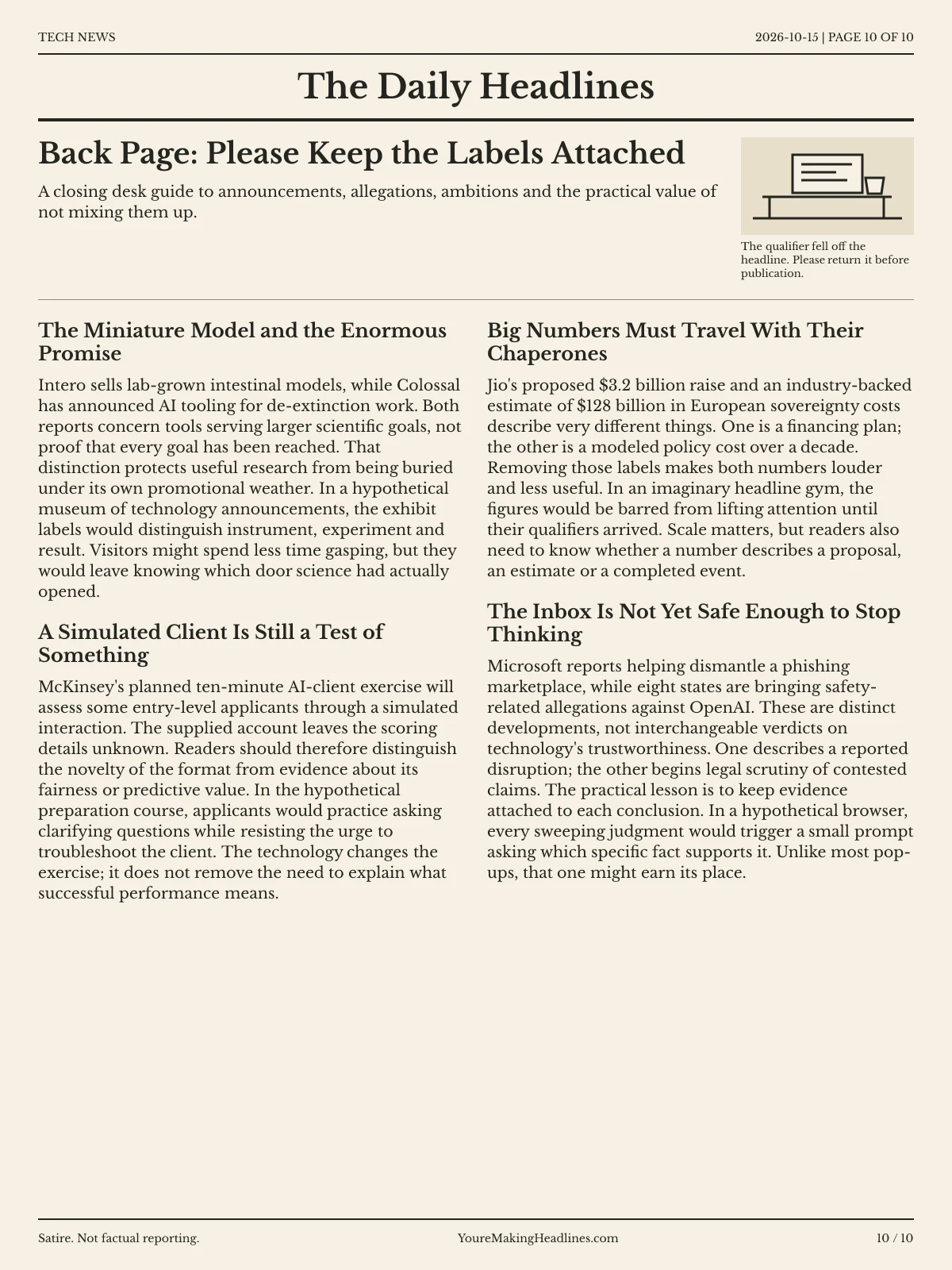 Tech News newspaper, page 10: Back Page: Please Keep the Labels Attached
