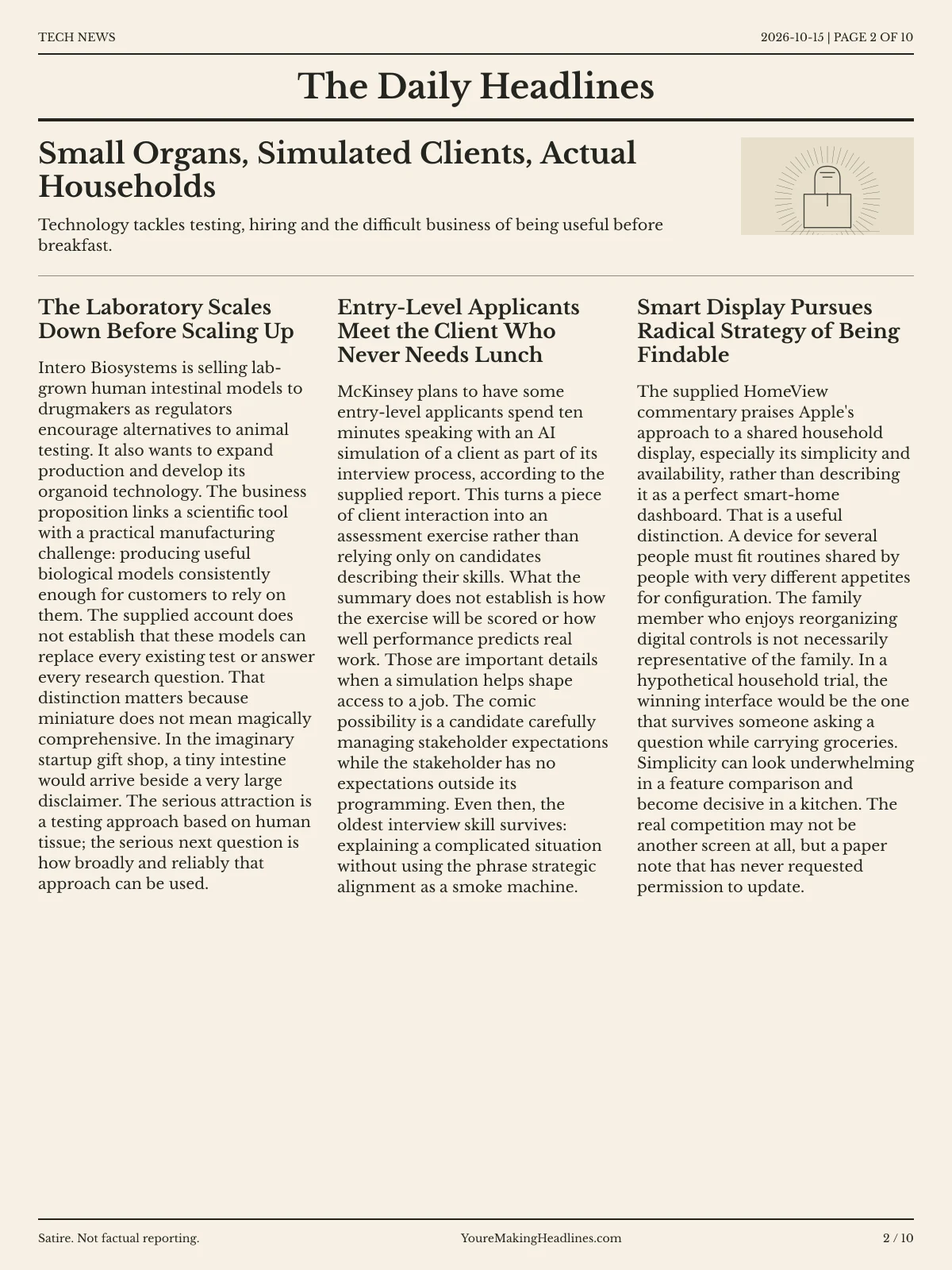 Tech News newspaper, page 2: Small Organs, Simulated Clients, Actual Households