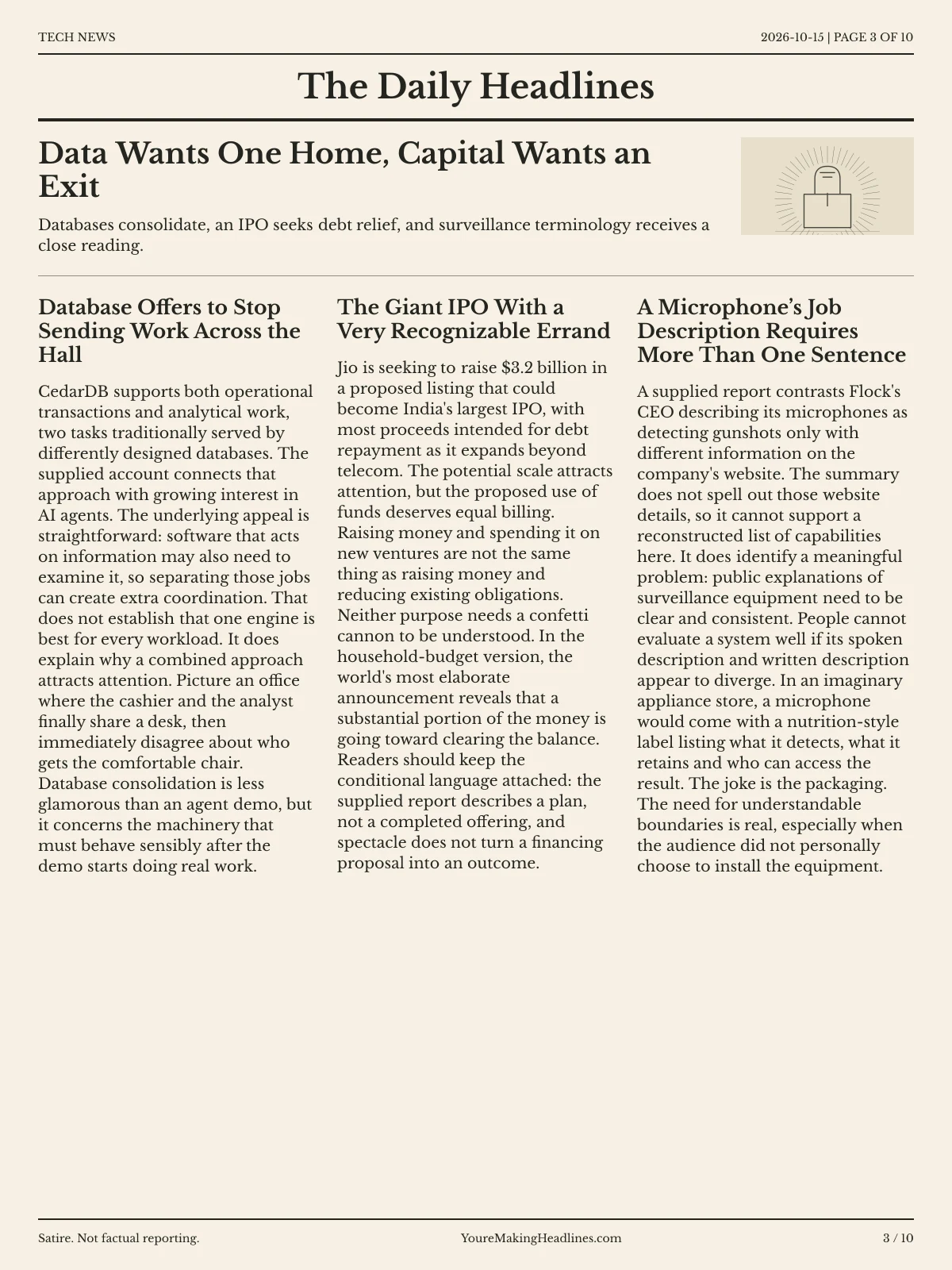 Tech News newspaper, page 3: Data Wants One Home, Capital Wants an Exit
