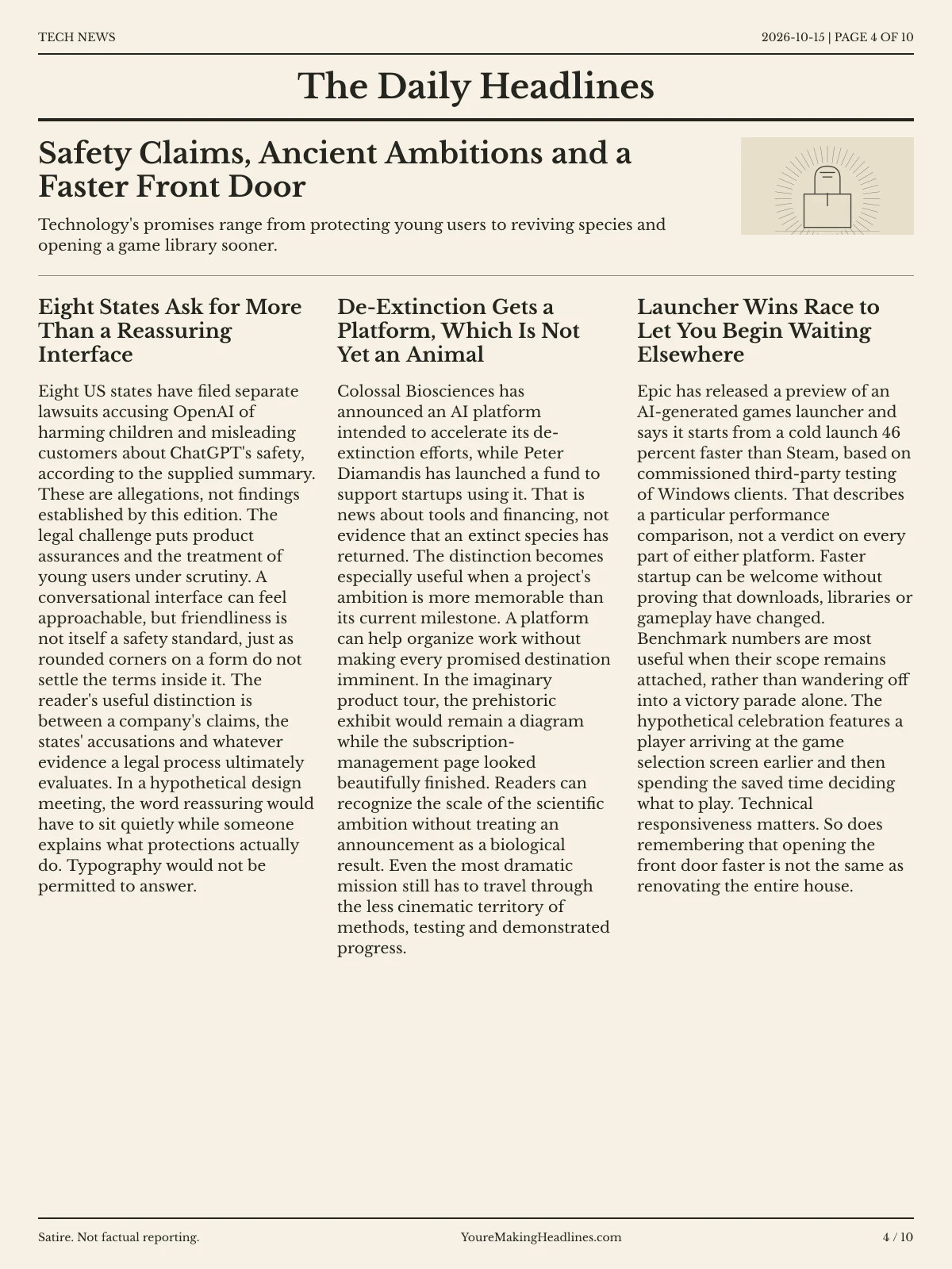 Tech News newspaper, page 4: Safety Claims, Ancient Ambitions and a Faster Front Door