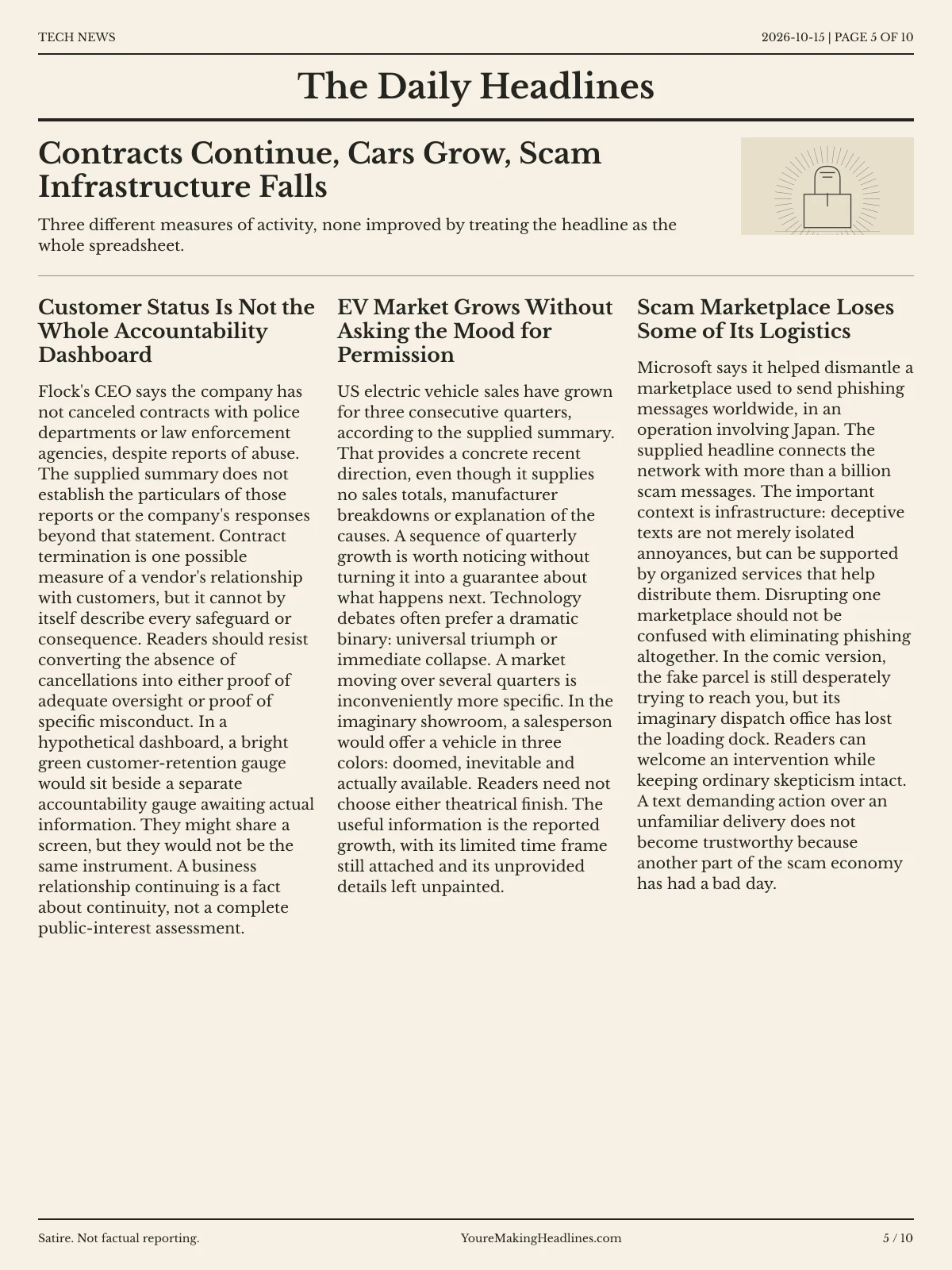Tech News newspaper, page 5: Contracts Continue, Cars Grow, Scam Infrastructure Falls