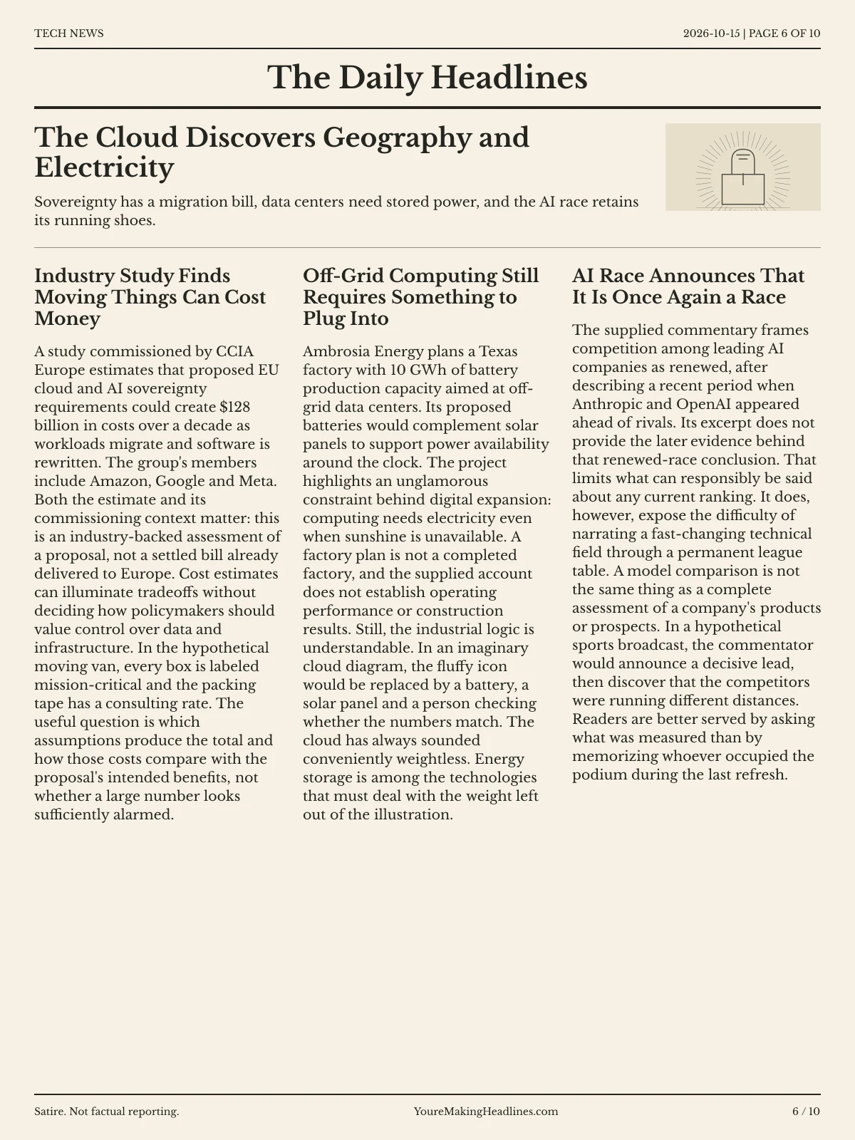 Tech News newspaper, page 6: The Cloud Discovers Geography and Electricity