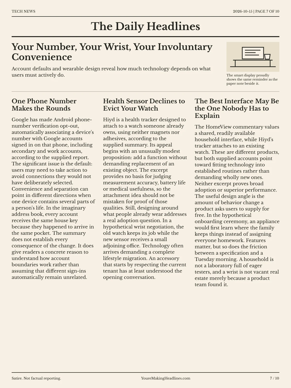 Tech News newspaper, page 7: Your Number, Your Wrist, Your Involuntary Convenience
