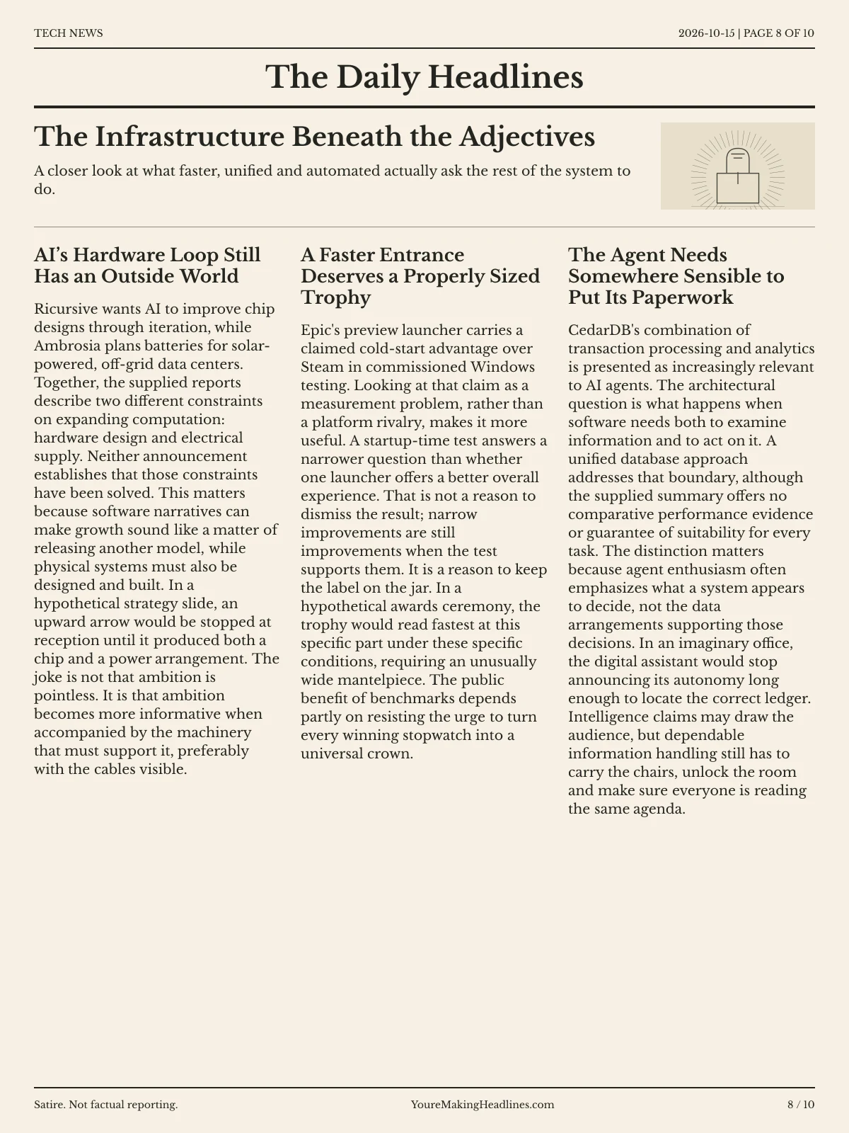 Tech News newspaper, page 8: The Infrastructure Beneath the Adjectives