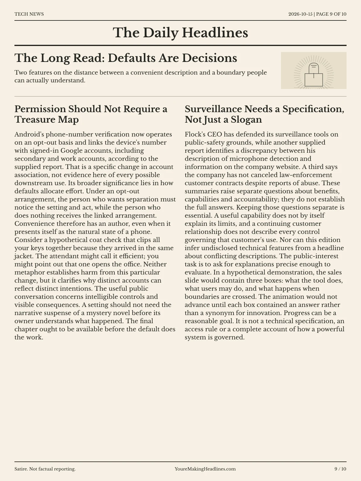 Tech News newspaper, page 9: The Long Read: Defaults Are Decisions