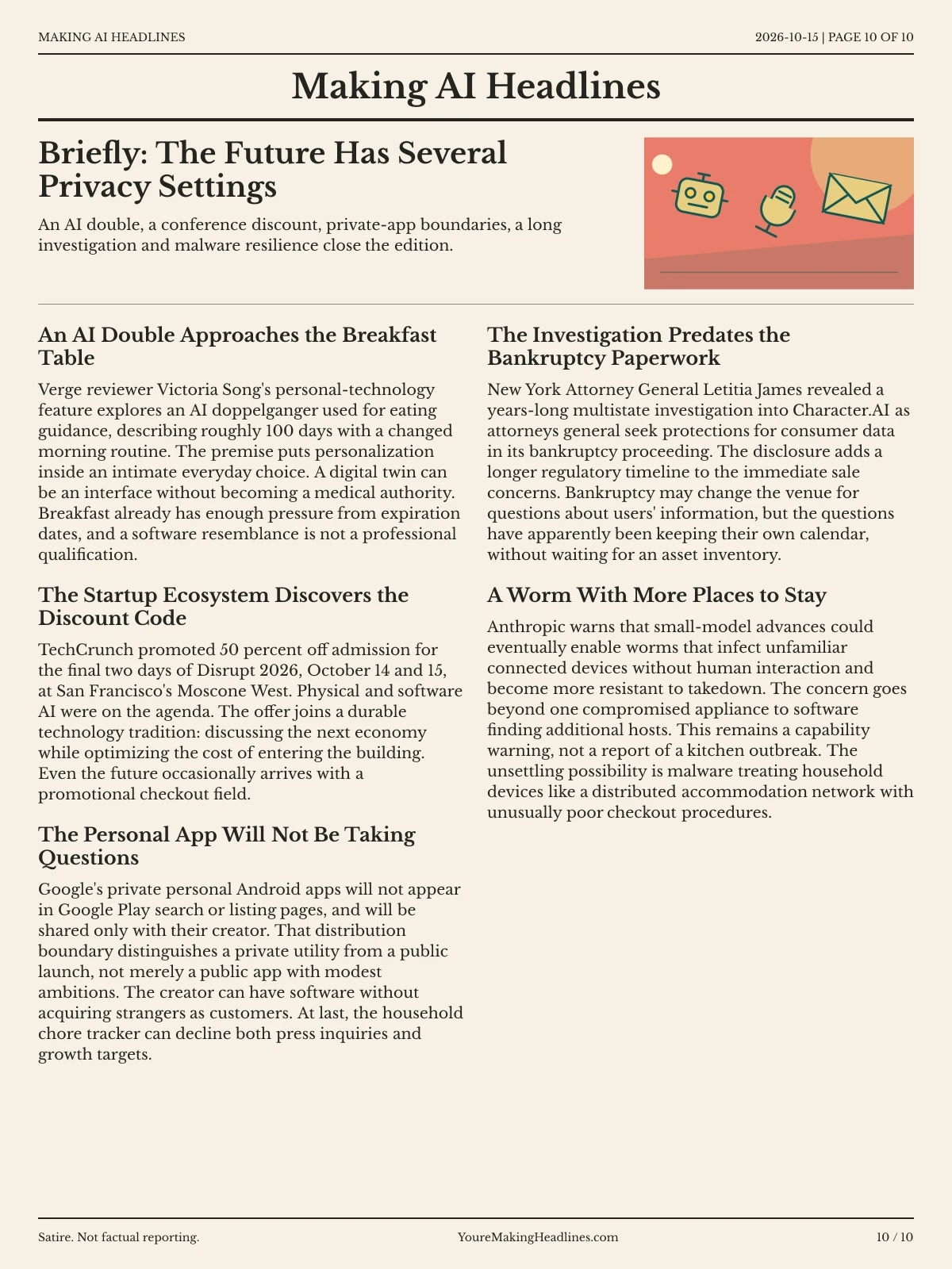 Making AI Headlines newspaper, page 10: Briefly: The Future Has Several Privacy Settings