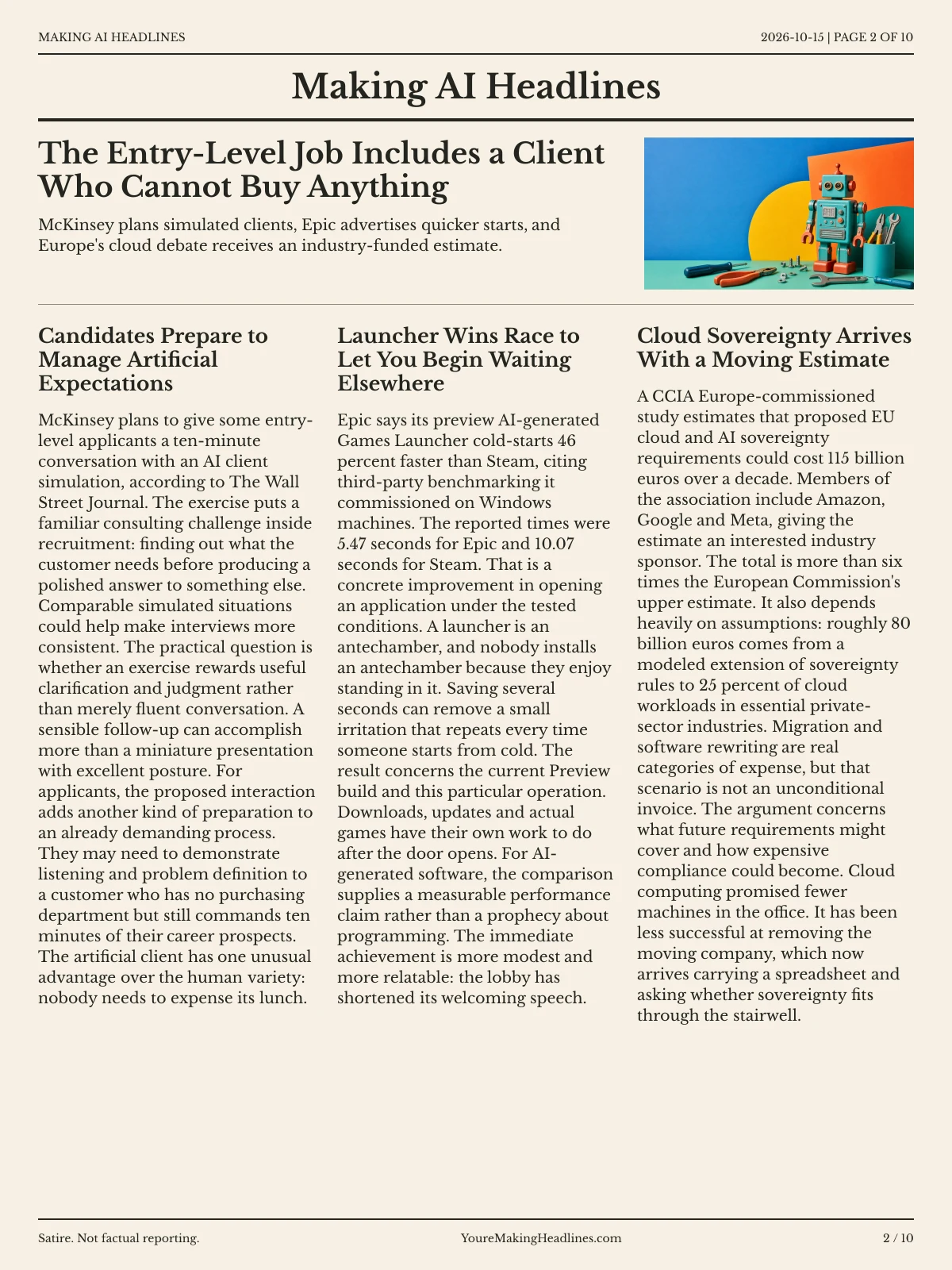 Making AI Headlines newspaper, page 2: The Entry-Level Job Includes a Client Who Cannot Buy Anything