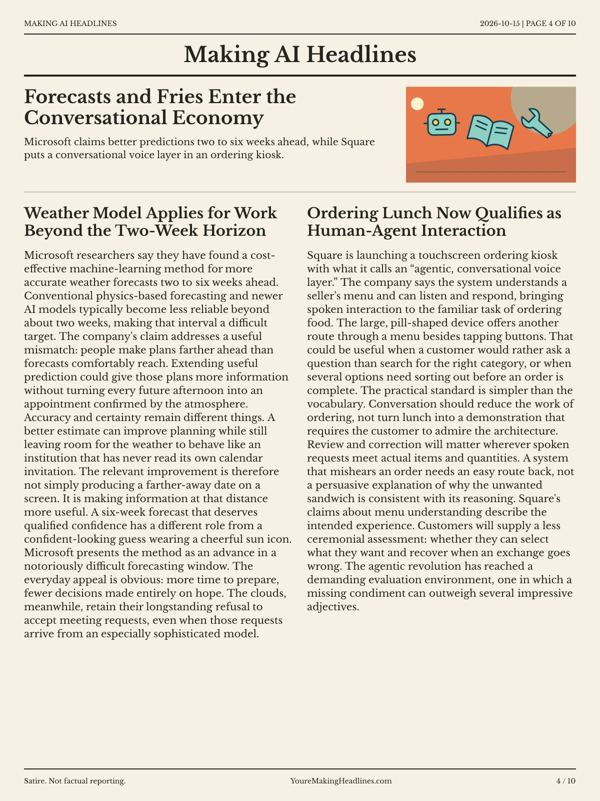 Making AI Headlines newspaper, page 4: Forecasts and Fries Enter the Conversational Economy
