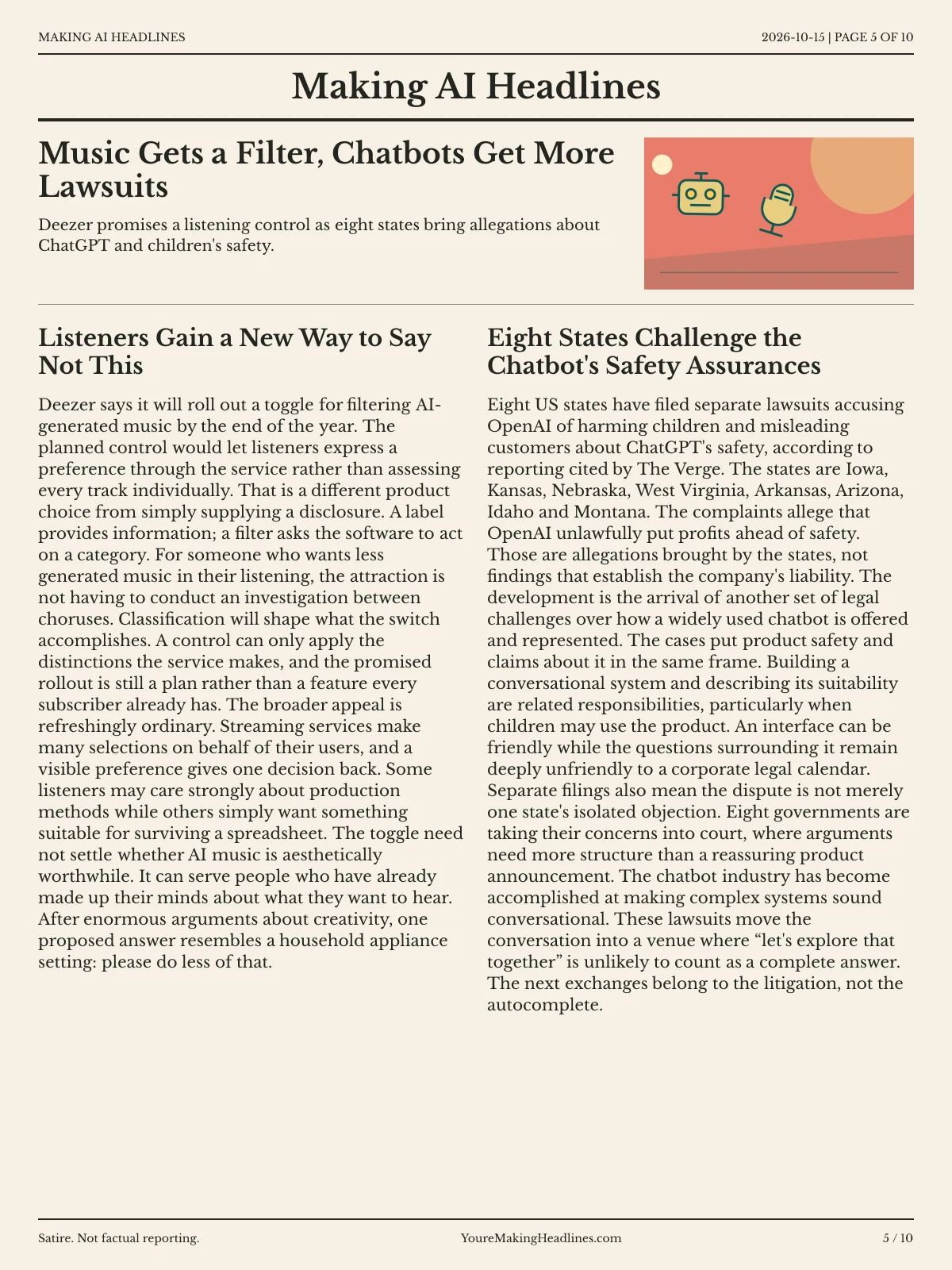 Making AI Headlines newspaper, page 5: Music Gets a Filter, Chatbots Get More Lawsuits