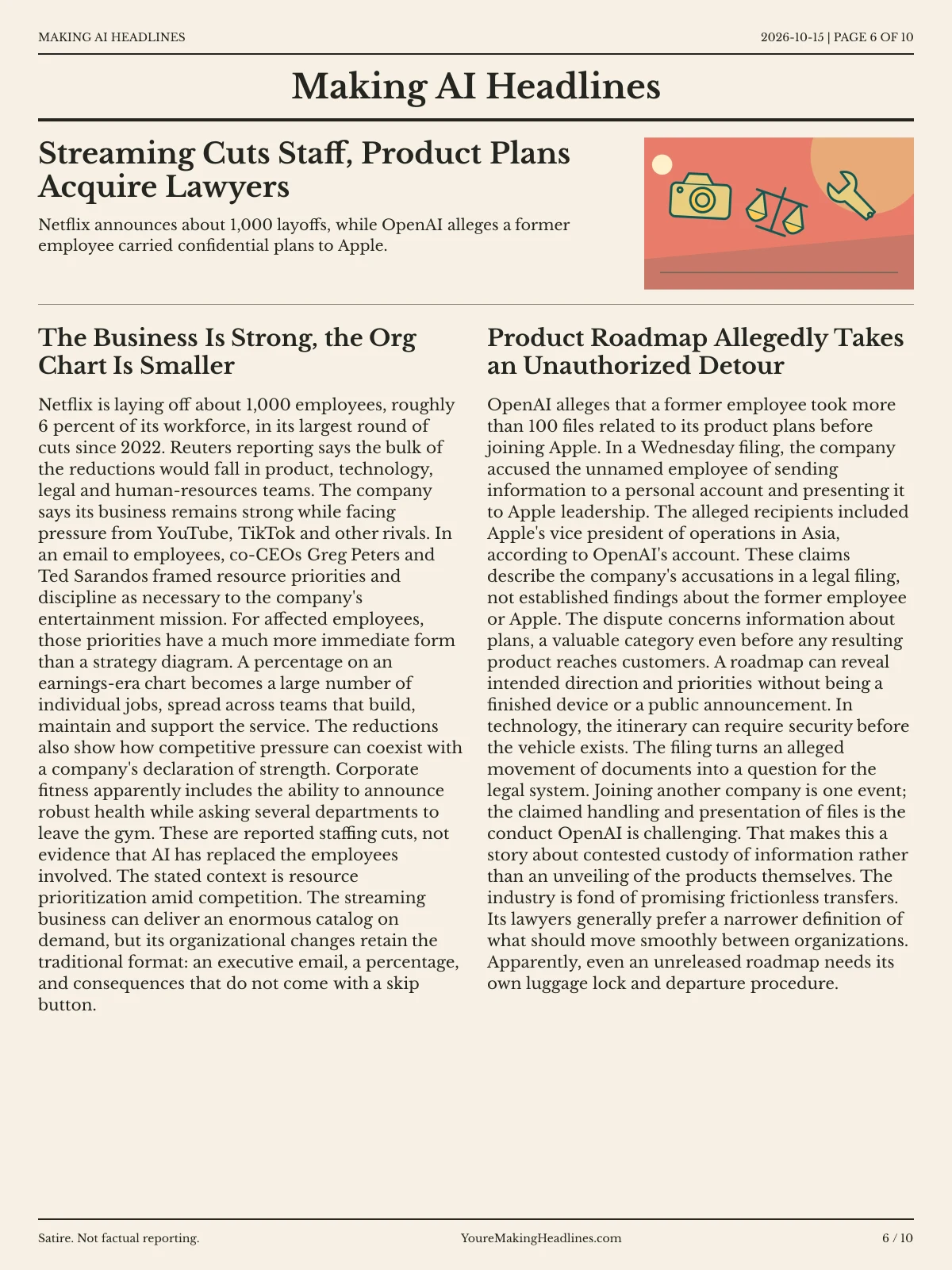 Making AI Headlines newspaper, page 6: Streaming Cuts Staff, Product Plans Acquire Lawyers