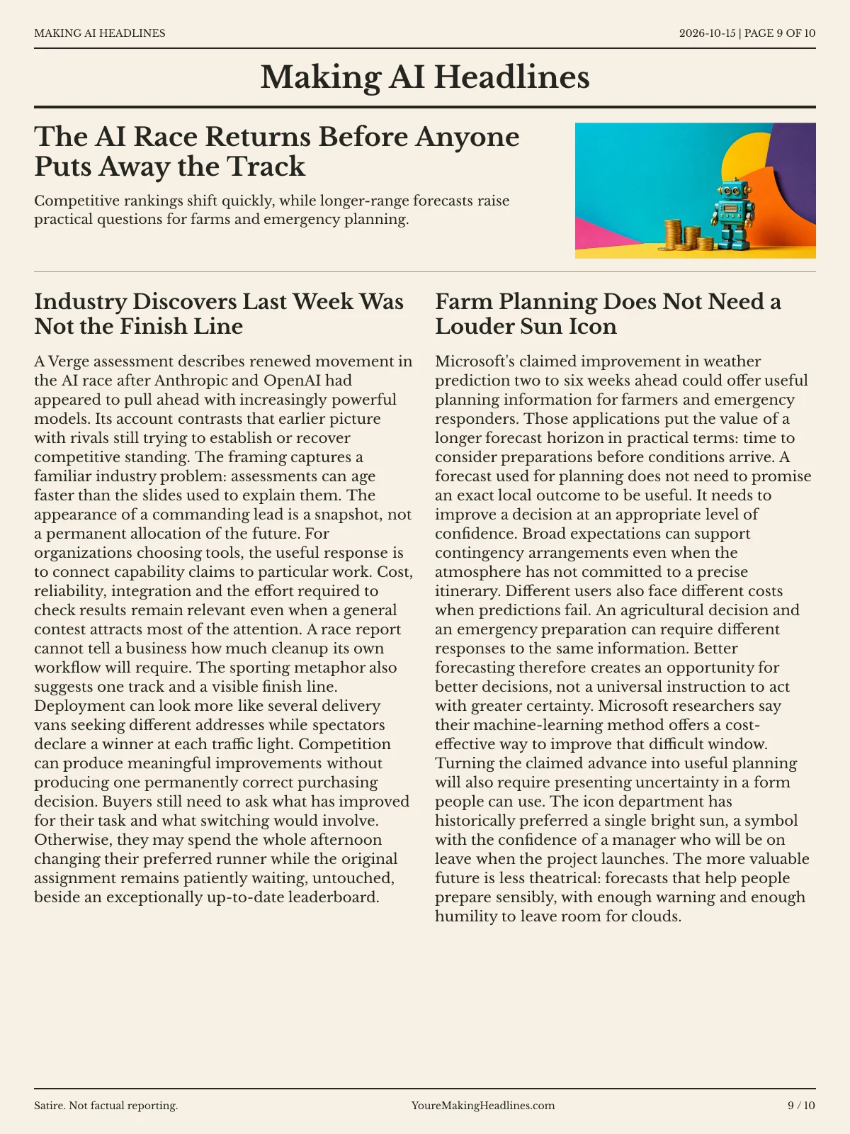 Making AI Headlines newspaper, page 9: The AI Race Returns Before Anyone Puts Away the Track