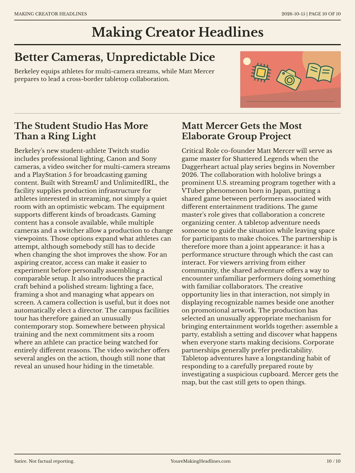 Making Creator Headlines newspaper, page 10: Better Cameras, Unpredictable Dice
