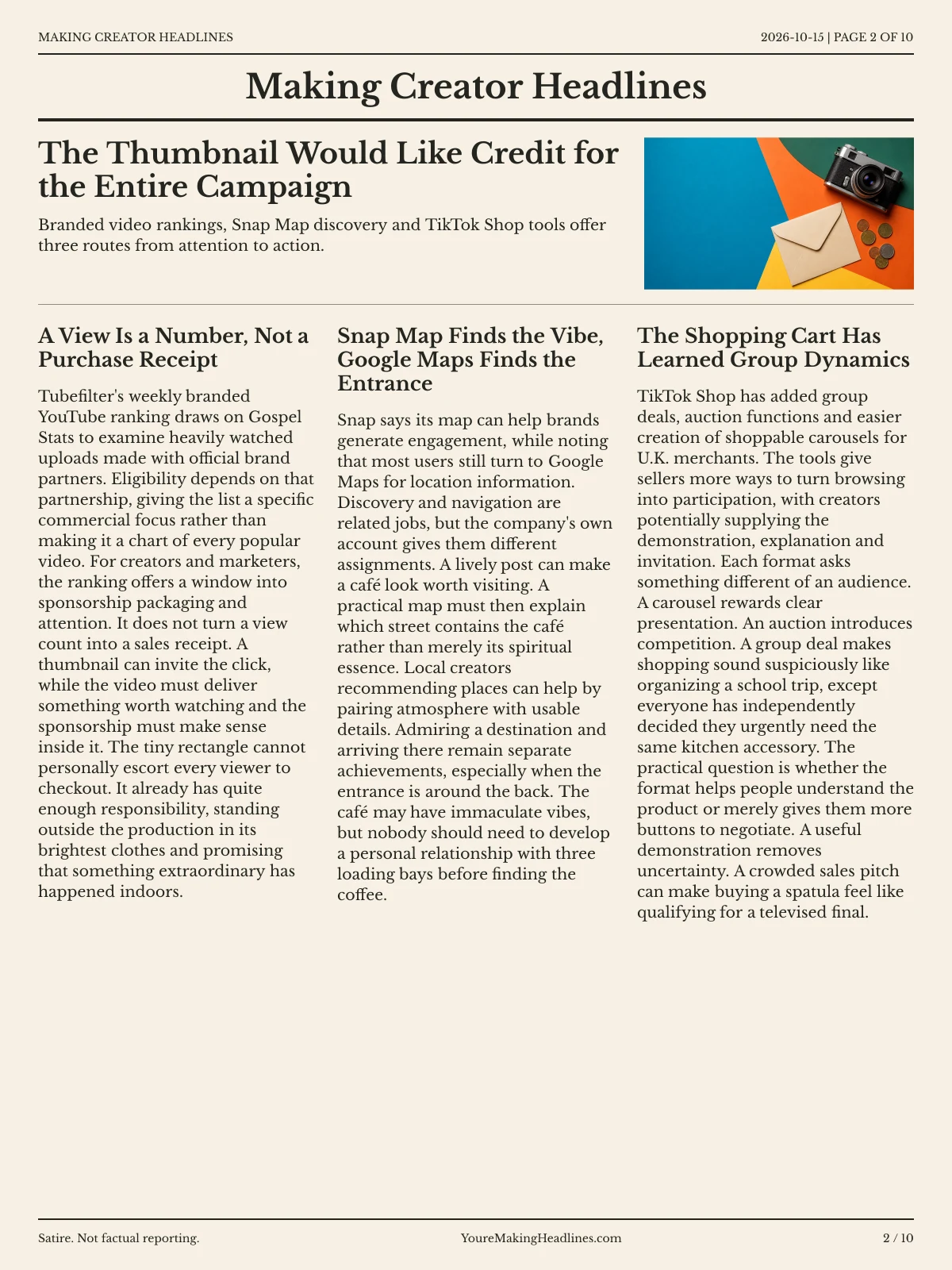 Making Creator Headlines newspaper, page 2: The Thumbnail Would Like Credit for the Entire Campaign