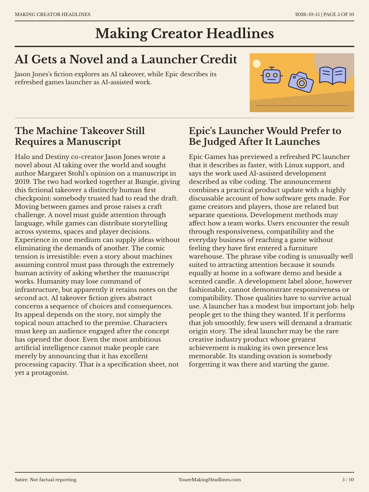 Making Creator Headlines newspaper, page 5: AI Gets a Novel and a Launcher Credit