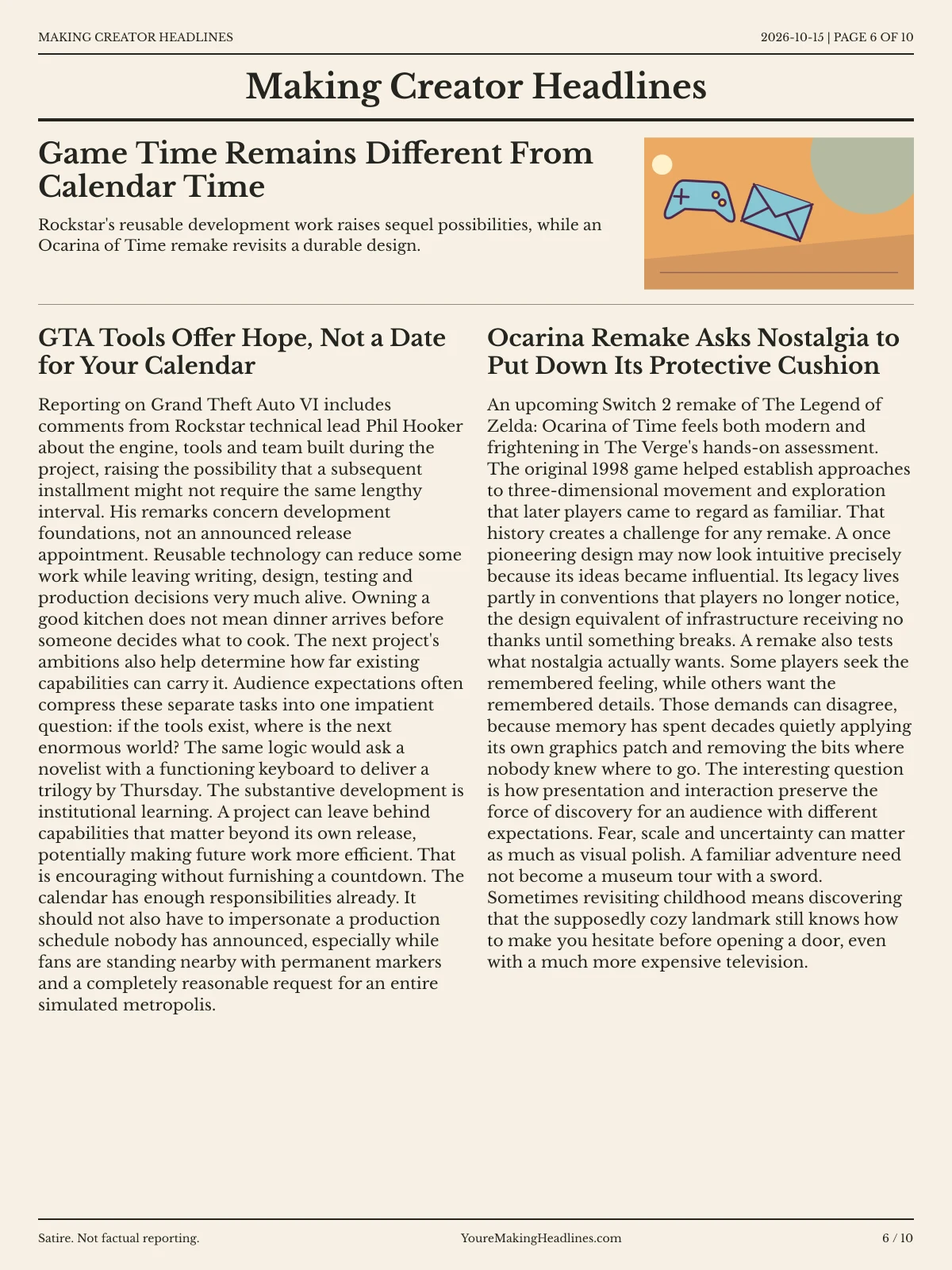 Making Creator Headlines newspaper, page 6: Game Time Remains Different From Calendar Time