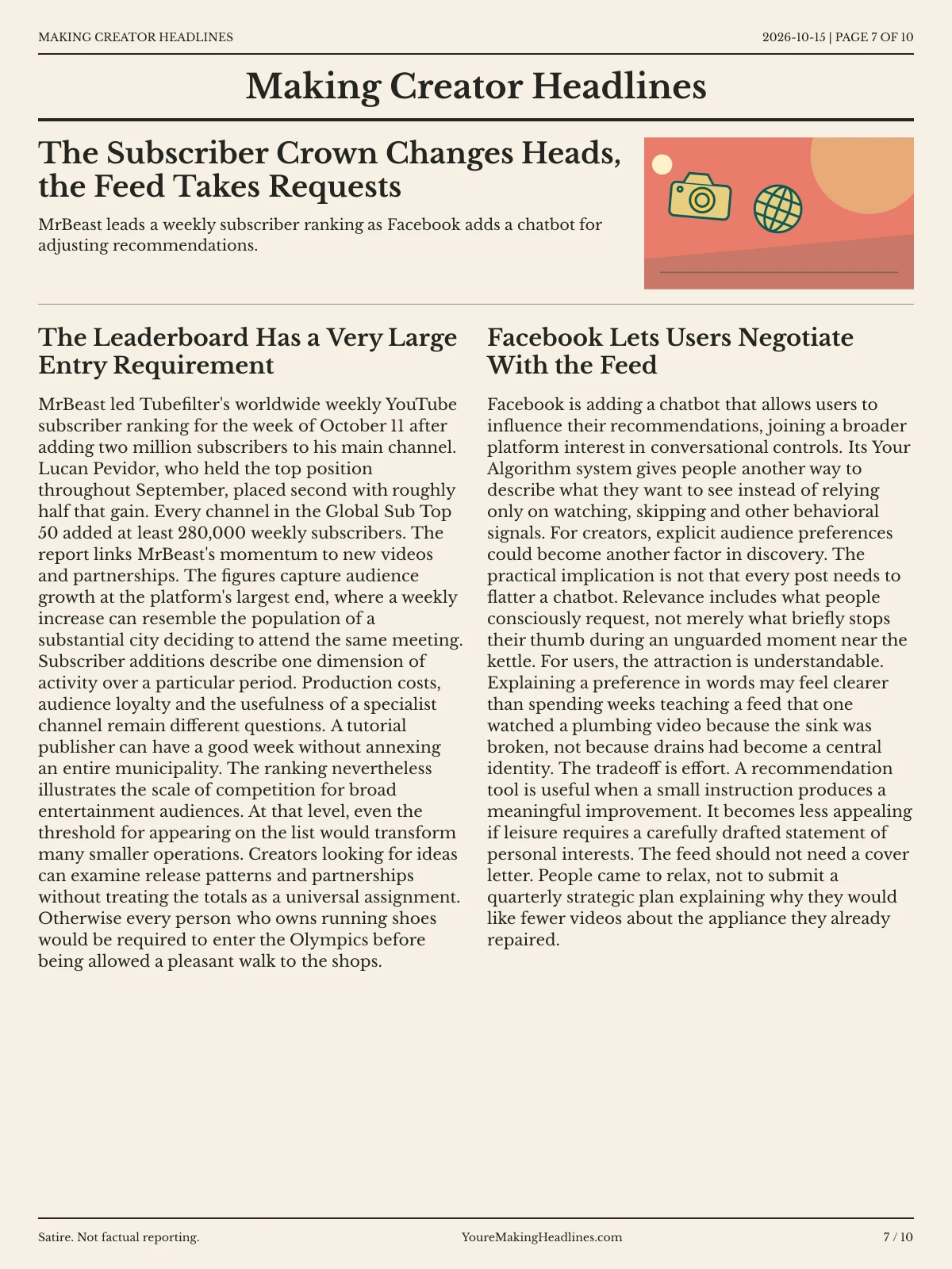 Making Creator Headlines newspaper, page 7: The Subscriber Crown Changes Heads, the Feed Takes Requests
