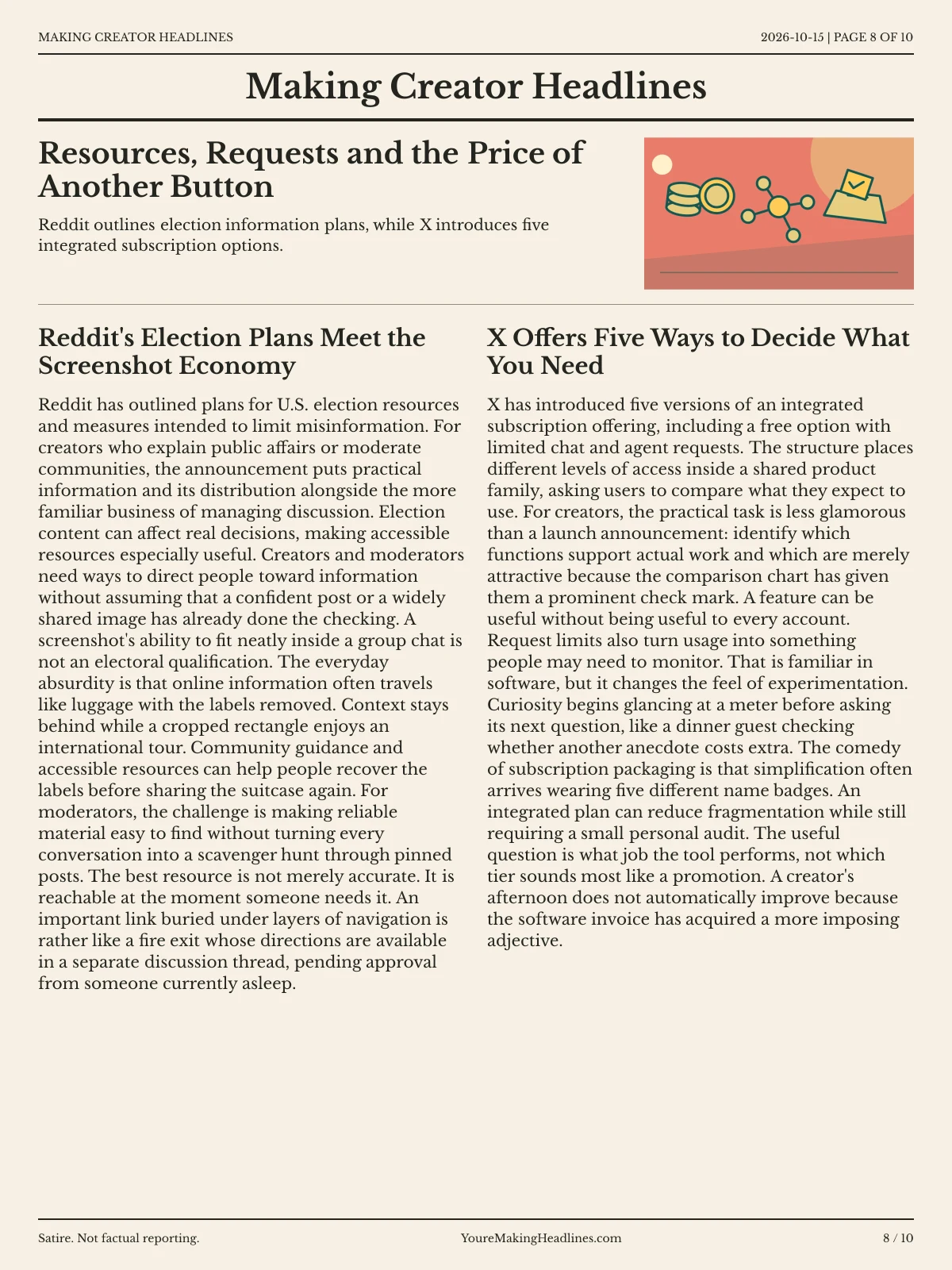 Making Creator Headlines newspaper, page 8: Resources, Requests and the Price of Another Button